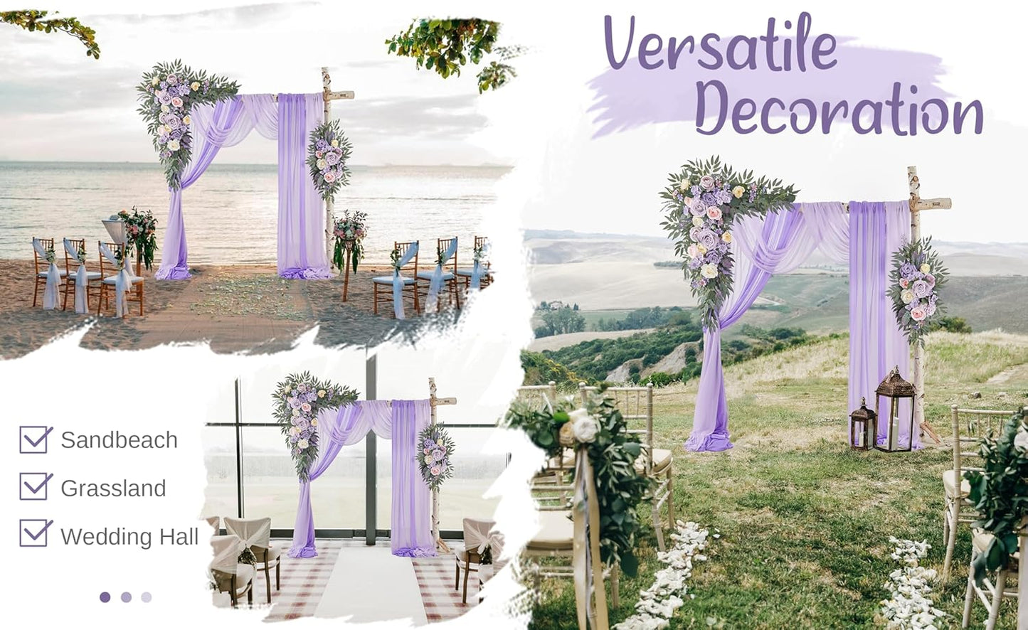 Wedding Arch Flowers with Drapes Kit (Pack of 4) - 2pcs Artificial Lilac Deluxe Swag with 2pcs Sheer Drapes for Wedding Ceremony Arbor Reception Backdrop Rose Floral Decoration