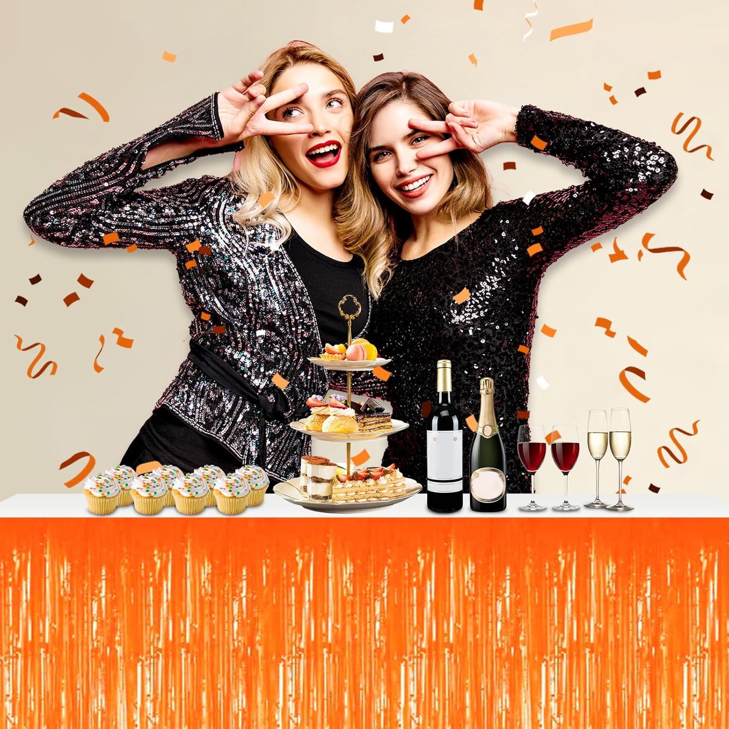 3 Pack 29x108 Inch Macaron Orange Foil Fringe Table Skirts Metallic Banner for Tinsel Streamer Garland Backdrop for Parade Floats Wedding Thanksgiving Birthday Christmas Halloween Party Decoration