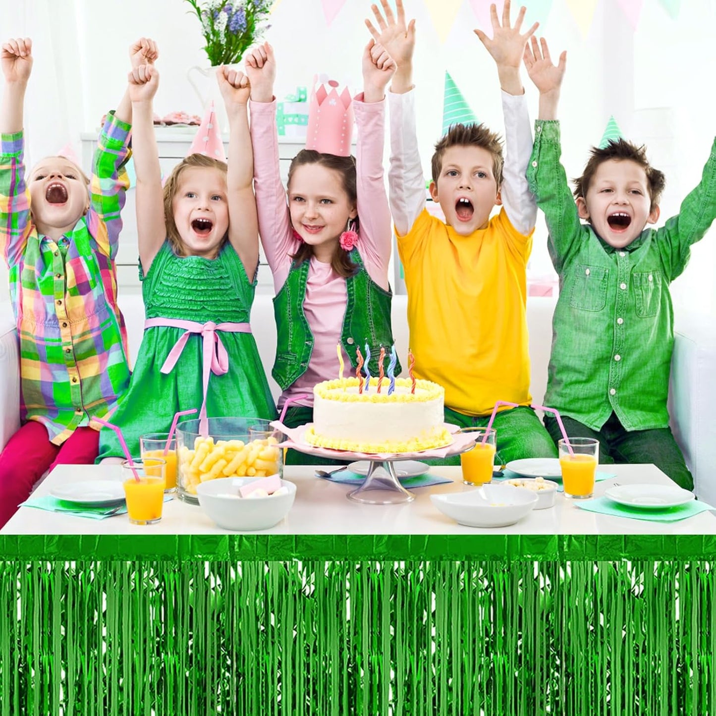 3 Pack 29 x108 Inch Green Foil Fringe Table Skirts Metallic Banner for Tinsel Streamer Garland Backdrop for Parade Floats Wedding Thanksgiving Birthday Christmas Halloween New Year Party Decoration