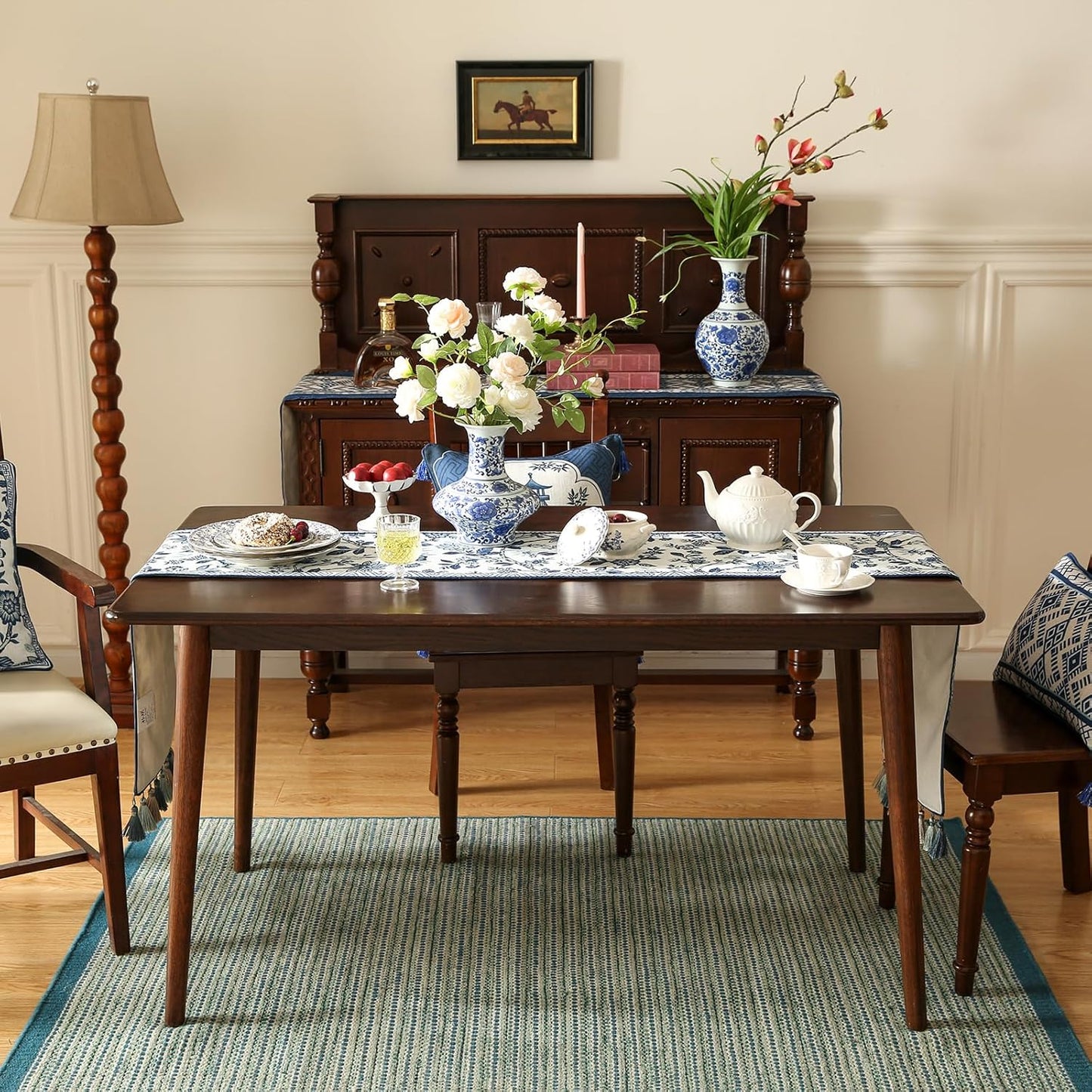 Decorative Linen Table Runner 71 Inches Long,Chinoiserie Blue Floral Cloth Runner for Table Decor Tabletop Table Runners for Kitchen,Dining,Tea Party,Home,Christmas,12"*71"