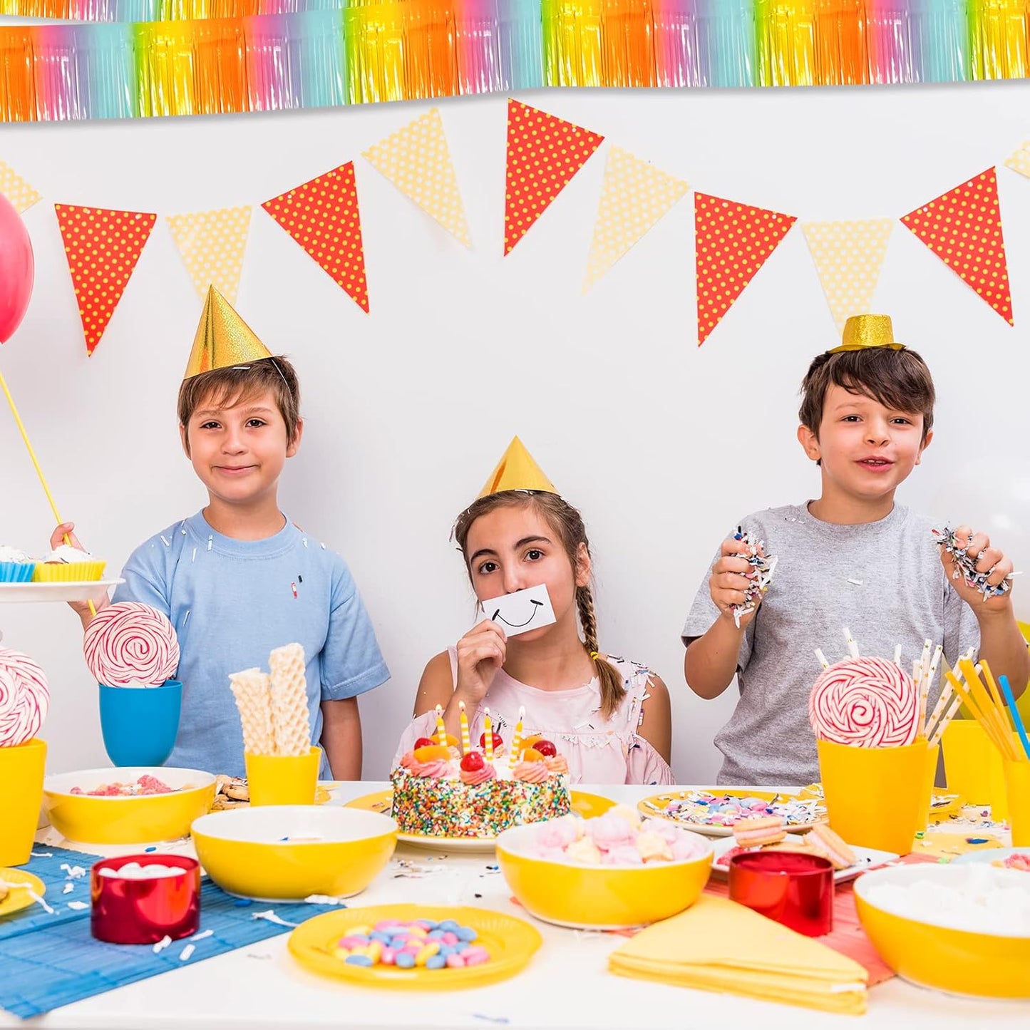 10 Pack 10 Feet Foil Fringe Garland Metallic Tinsel Streamers Banner Wall Hanging Curtain Backdrop for Parade Floats, Bachelorette, Wedding, Birthday, Easter, Carnival Party Decorations(Rainbow)