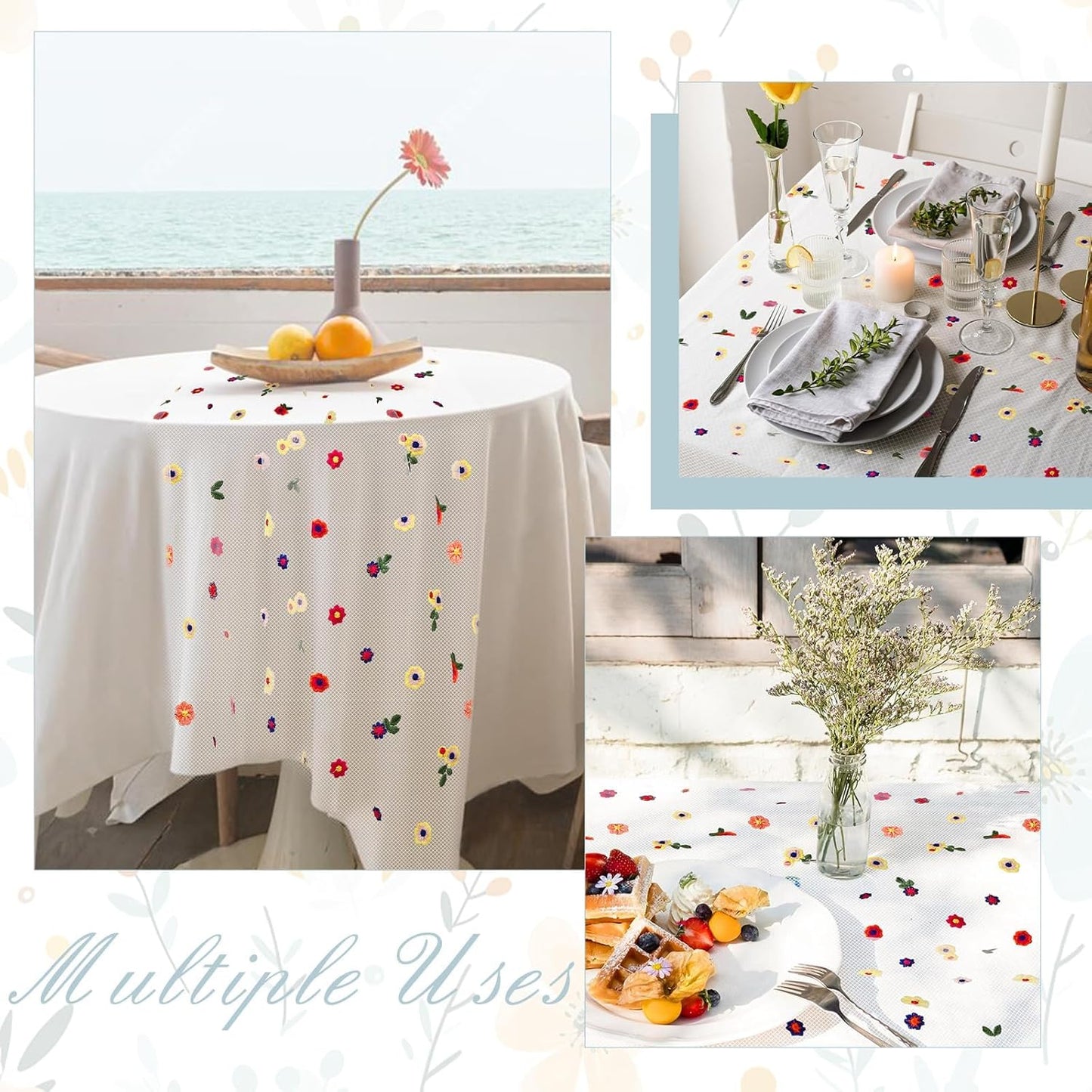 3PCS Lvory Floral Table Runner 10 FT, Embroidery Daisy Table Runners Seasonal Sheer Tulle Table Runner for Thanksgiving Wedding Birthday Baby Shower Party 