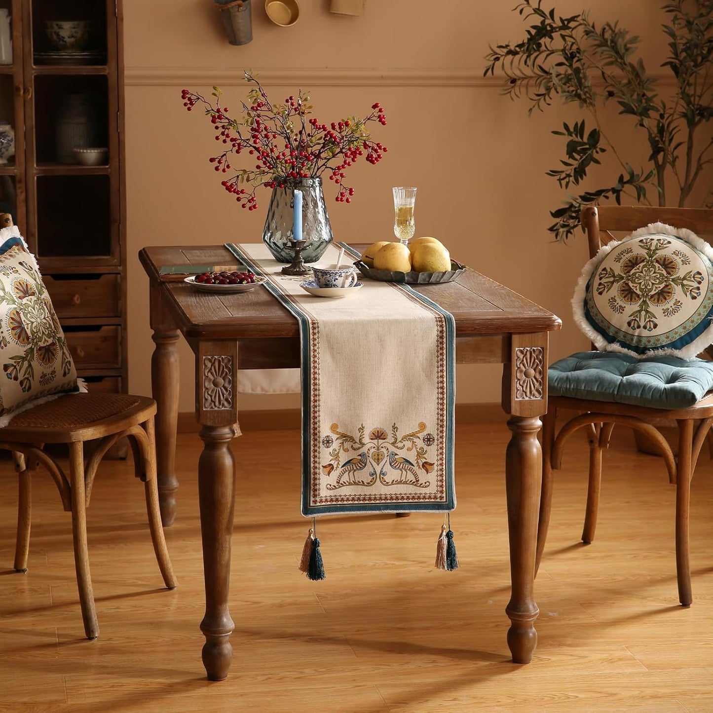 patdrea Designer Beige Farmhouse Geometric Patterned Linen Table Runner 102 Inch Long,Wrinkle Resistant Table Mat,Decoration for Kitchen Dining and Coffee Tables Banquet Christmas ,12"x102"