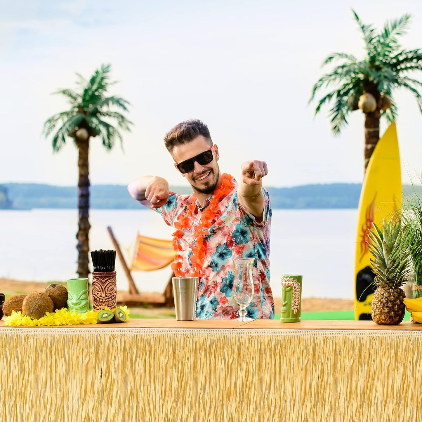 Fovths 1 Pack Luau Grass Table Skirt Fringe Straw Grass Skirt 108 x 30 Inch Hibiscus Hawaiian Table Skirts Rectangle Tropical Luau Party Decorations for Hawaiian Luau Decorations