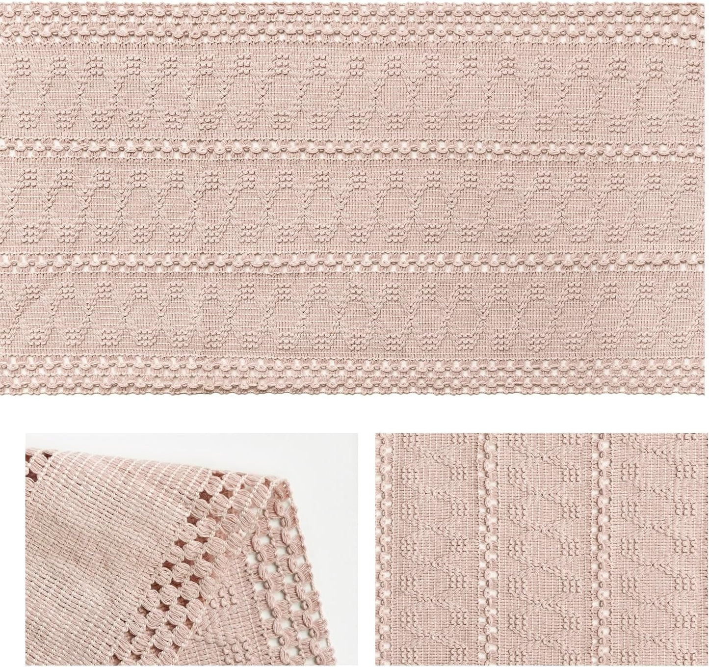 Artoid Mode Pink Farmhouse Woven Rustic Hollow Table Runner, Seasonal Holiday Hollow Kitchen Dining Table Decoration for Home Party Decor 12x120 Inch
