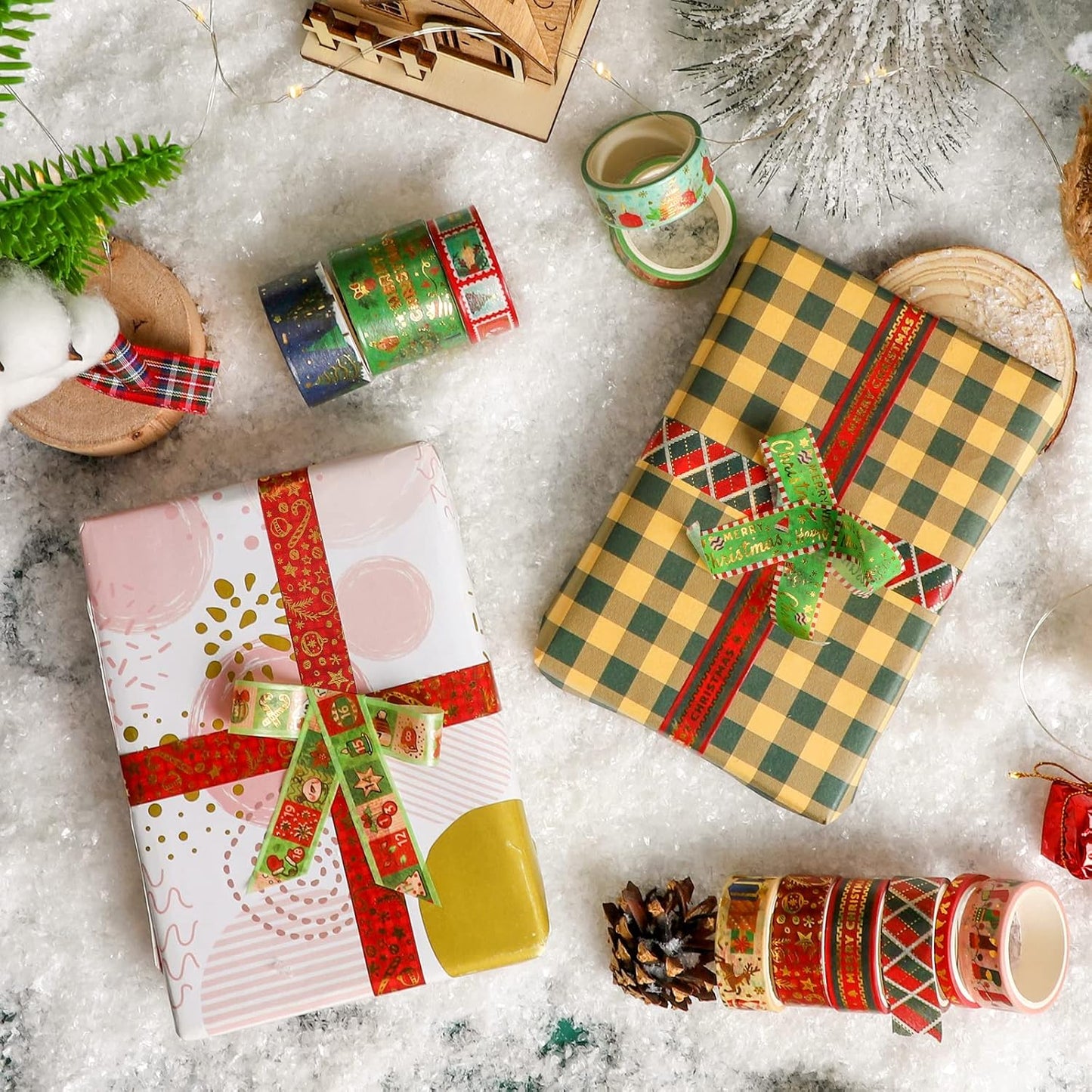 16 Rolls Christmas Washi Tape Holiday Masking Tape 4 Sizes Red Green Christmas Wrapping Tape Glod Foil Decorative Tape for Christmas Scrapbook Journal DIY Craft Gift Wrapping(Christmas