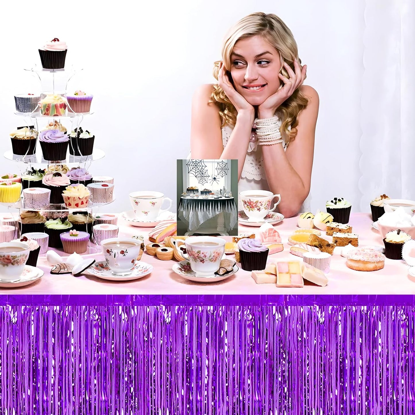 3 Pack 29x108 Inch Purple Foil Fringe Table Skirts Metallic Banner for Tinsel Streamer Garland Backdrop for Parade Floats Wedding Thanksgiving Birthday Christmas Halloween Party Decoration