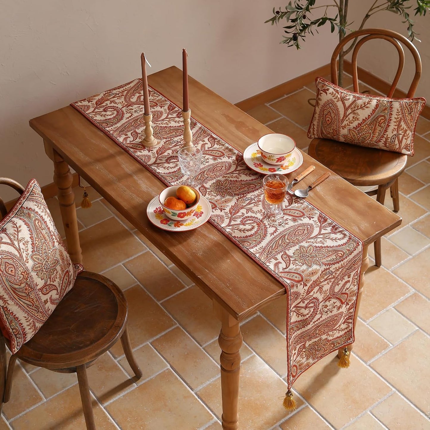 ISAENNE Designer Elegant Red Linen Extra Long Table Runner 118 Inches,Vintage Paisley Pattern Durable Table Runners for Dining Tables,Thanksgiving,Kitchen Tables,Christmas,12"*118"-Chauffrey A