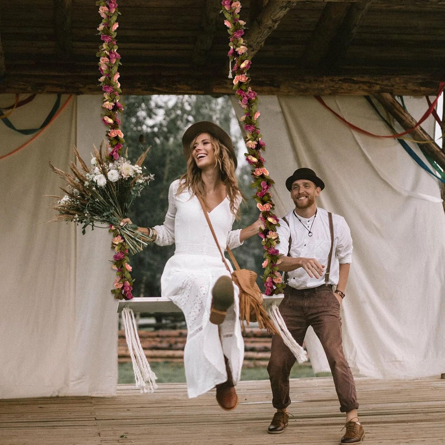 8Pcs 63Ft Dark Pink&Yellow Fake Rose Hanging Flowers, Artificial Flower Vine, Hanging Floral Vine Garland for Wedding, Wall Arch, Halloween, Christmas Garden Backdrop Decor