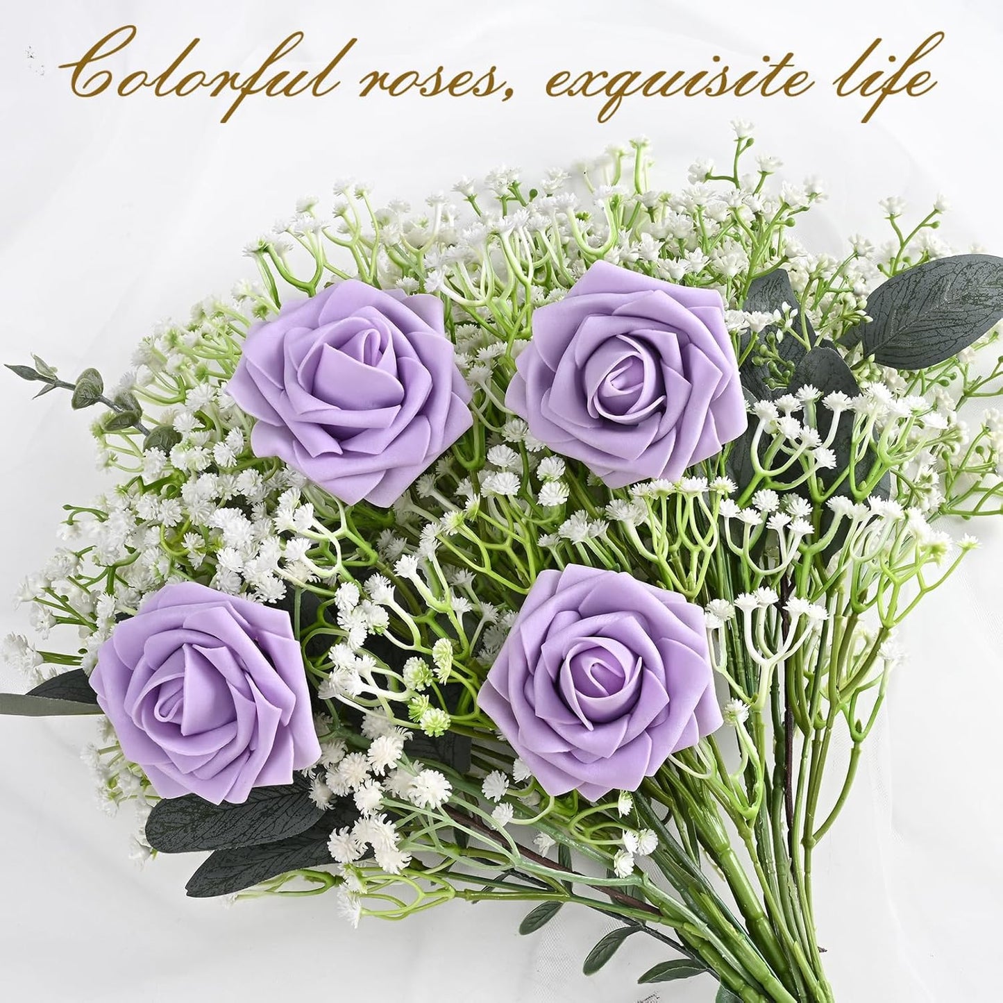 BLEUM CADE 36Pcs Artificial Flowers Fake Roses with Stems, Purple Boxed Foam Roses for DIY Bouquets Centerpieces Wedding Party Arrangement Bridal Shower Decor