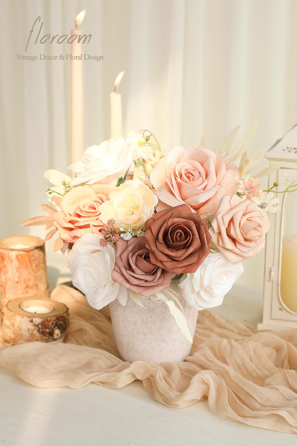 Floroom Morandi Peach Artificial Flowers Fake Roses Peonies and Greenery Combo Box Set for DIY Wedding Bouquets Bridal Shower Centerpieces Floral Arrangements Party Tables Home Decorations