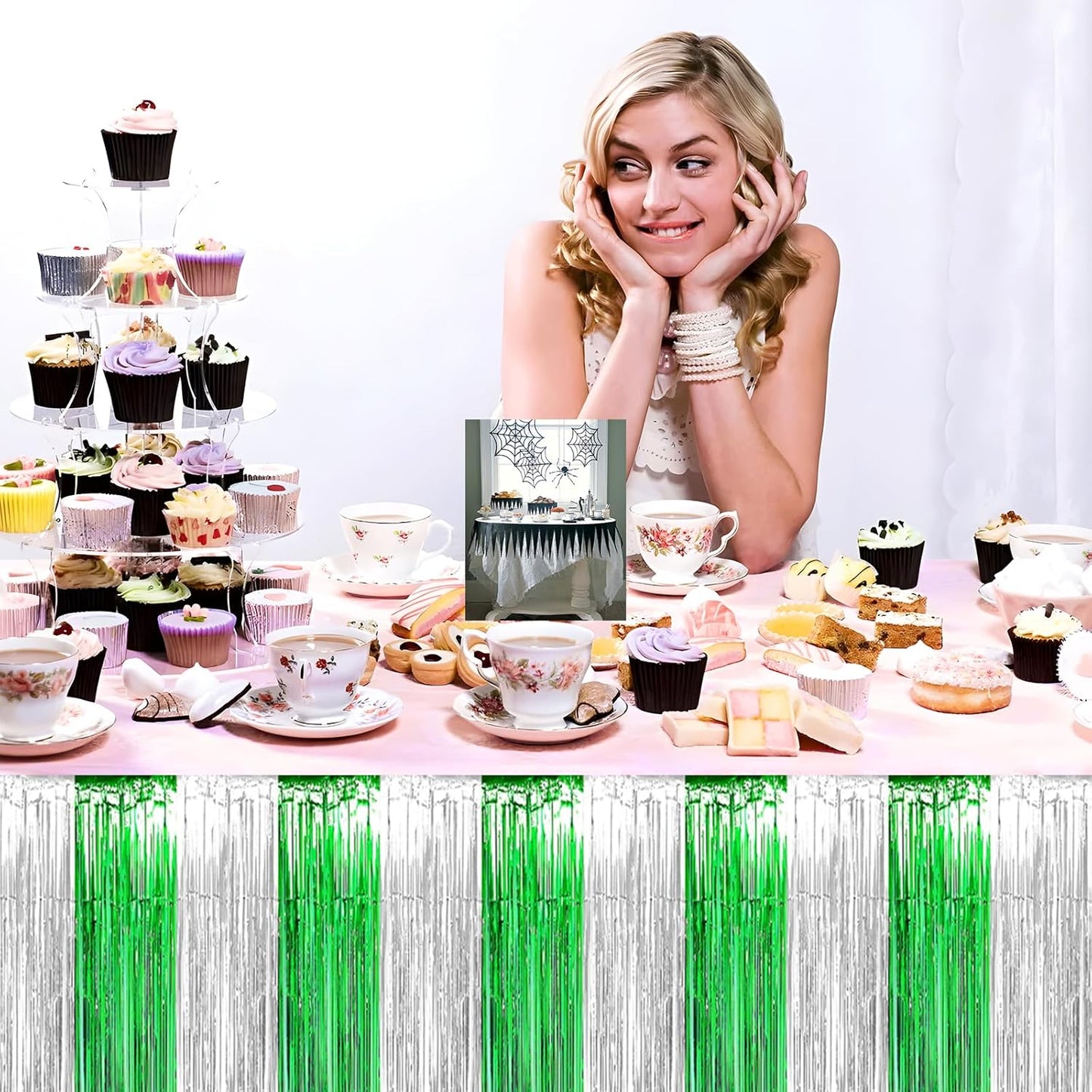 3 Pack 29x108 Inch Silver Green Foil Fringe Table Skirts Metallic Banner for Tinsel Streamer Garland Backdrop for Parade Floats Wedding Thanksgiving Birthday Christmas Halloween Party Decoration