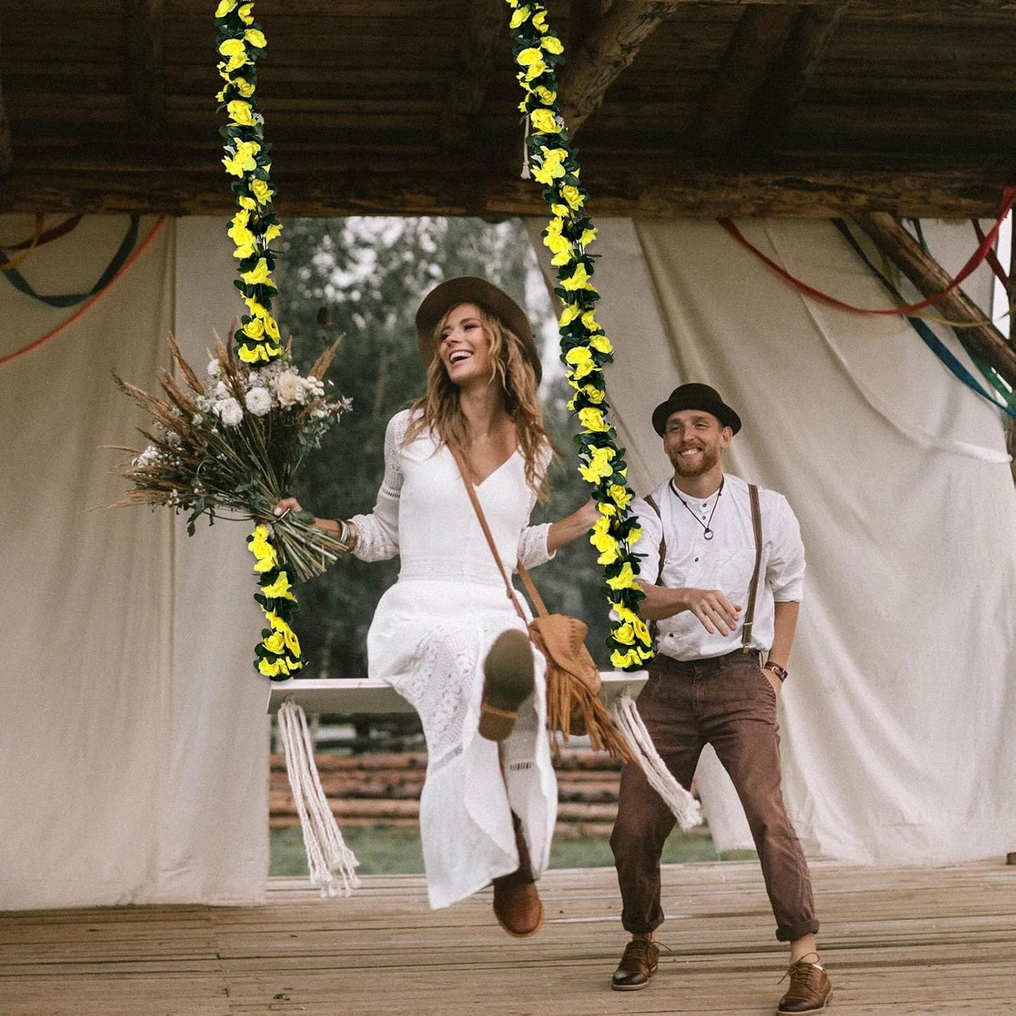 16Pcs 126Ft Yellow Rose Garland, Fake Rose Hanging Flowers, Artificial Flower Vine, Hanging Floral Vine Garland for Wedding, Birthday Party, Wall Arch, Halloween, Christmas Garden Backdrop Decor