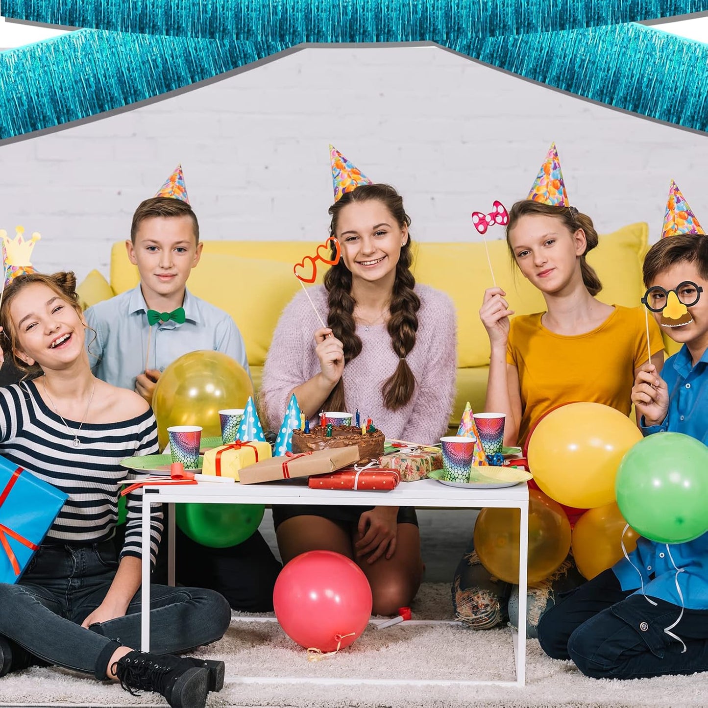 10 Pack 10 Feet Foil Fringe Garland Metallic Tinsel Streamers Banner Wall Hanging Curtain Backdrop for Parade Floats, Bachelorette, Wedding, Birthday, Halloween, Christmas Party Decorations(Lake Blue)