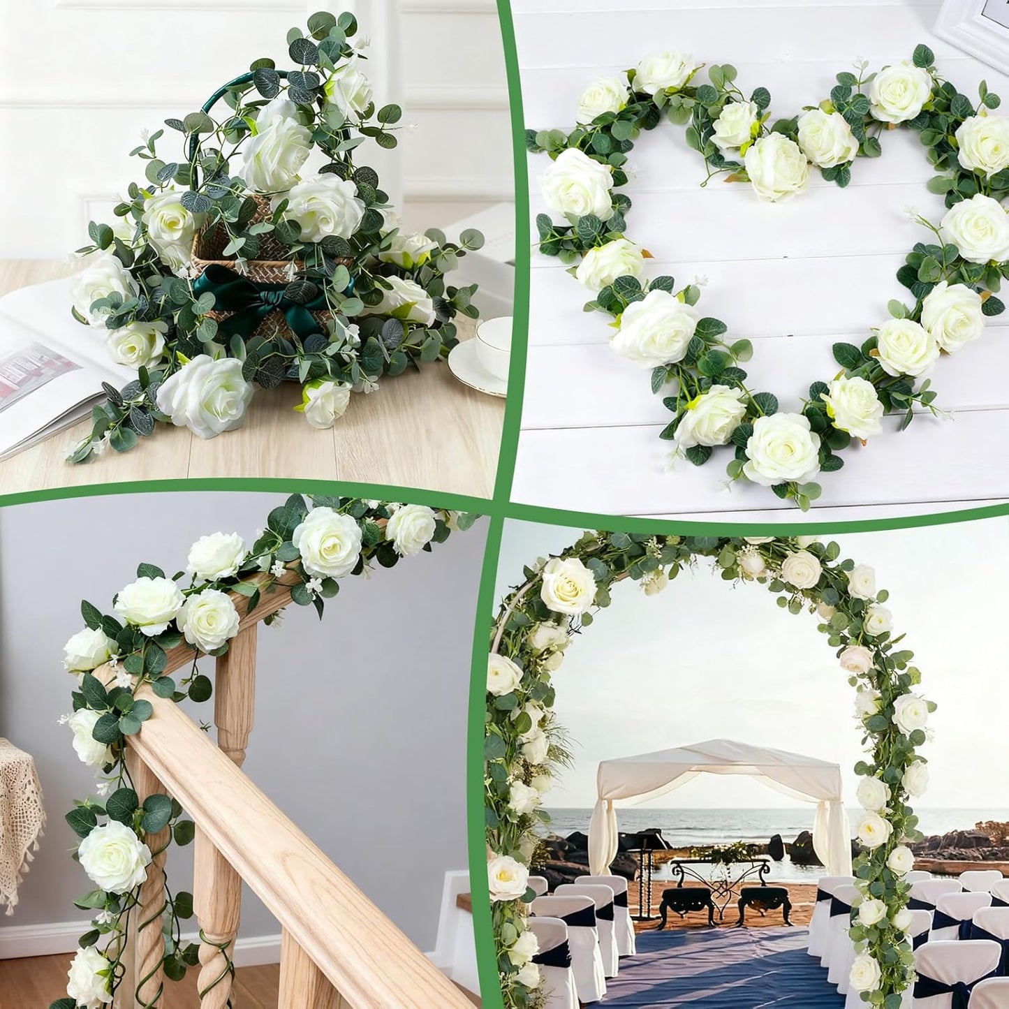 6FT Artificial Eucalyptus Garland with 14 Fake White Rose Flowers - Floral Greenery Decoration Vine for Wedding Centerpieces, Table Runner, Backdrop, Arch Wall Decor,Indoor/Outdoor (1 PCS)