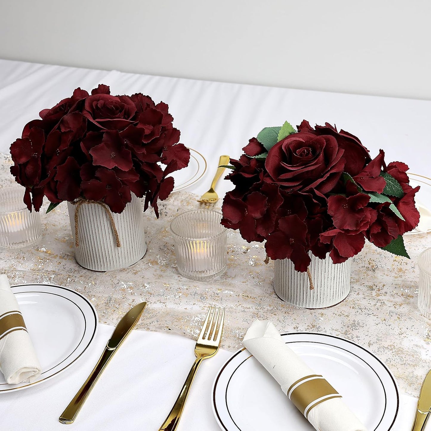 Flower Table Centerpieces - Set of 6 Floral Arrangement Artificial Wedding Hydrangeas Floral Arrangement with Rustic Metal Vase for Bridal Tea Party Event Decorations - Burgundy