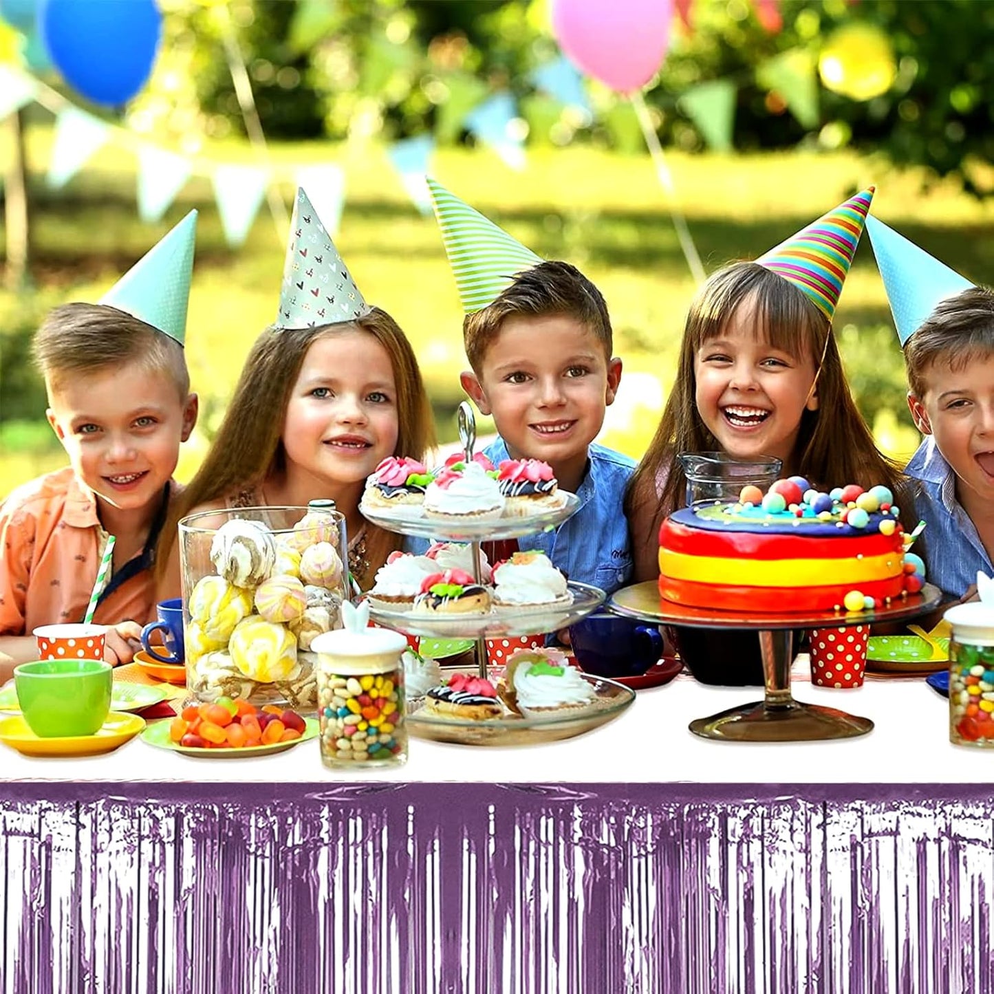 4 Pack 29x108 Inch Metallic Foil Fringe Tinsel Table Skirts for Rectangle Tables Streamer Backdrop for Wedding, Birthday, Parade Floats, Christmas, Halloween Party Decoration(New Light Purple)