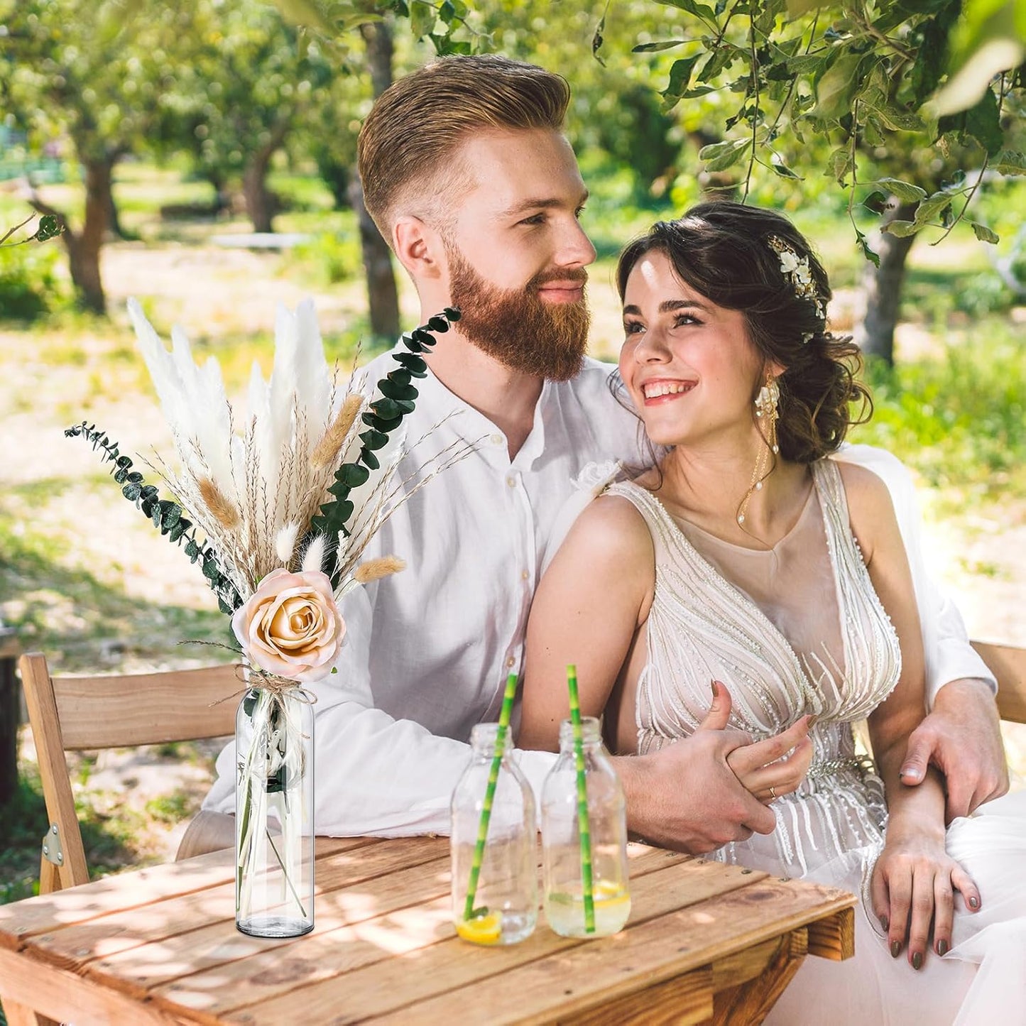 10 Set Dried Pampas Grass Centerpiece for Wedding 10 Clear Glass Jars 10 Artificial Roses 80 Dried Pampas Grass with Rope for Baby Shower Rustic Bridal Party Farmhouse Decoration (Champagne)