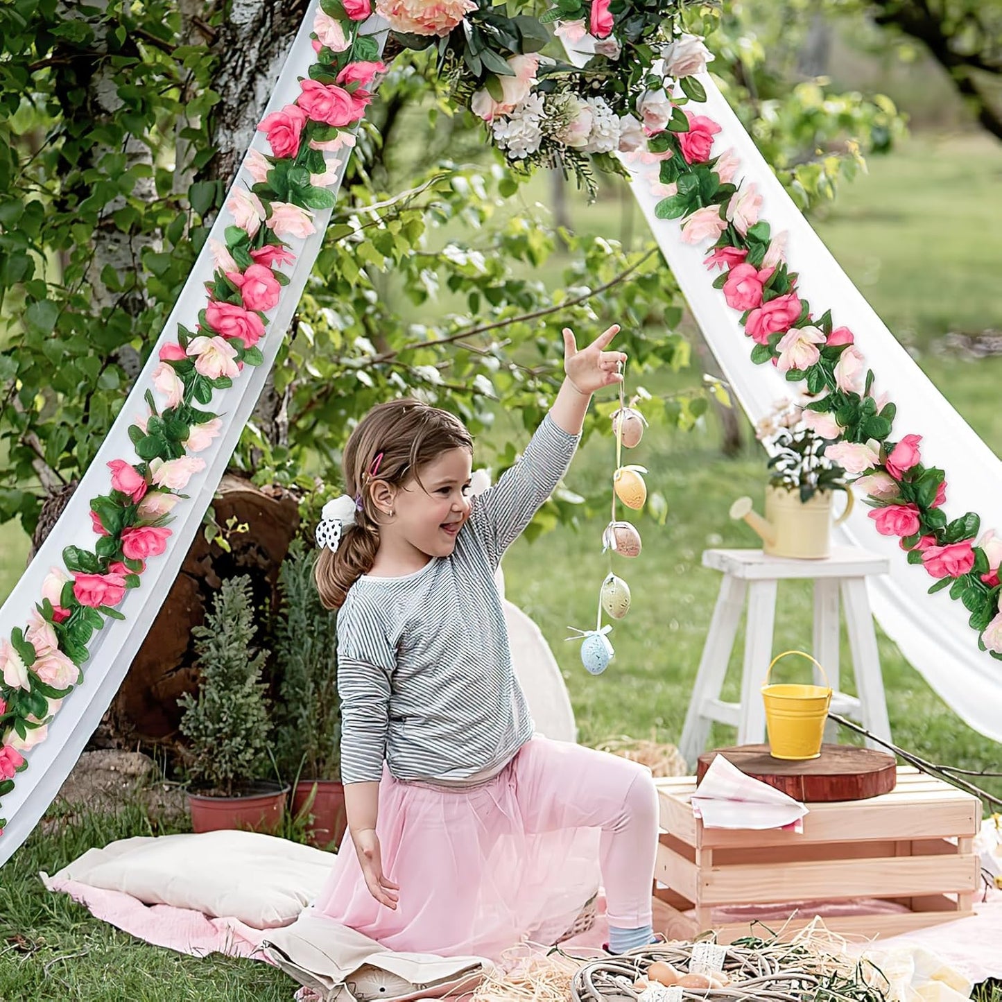 KHOYIME 18 Pack 144 FT Artificial Flower Garland, Fake Pink Roses Vines Silk Flowers Faux Plastic Outdoor Hanging Floral Ivy Garland Decoration for Wedding Arch Bedroom Home Wall Backdrop Room Decor