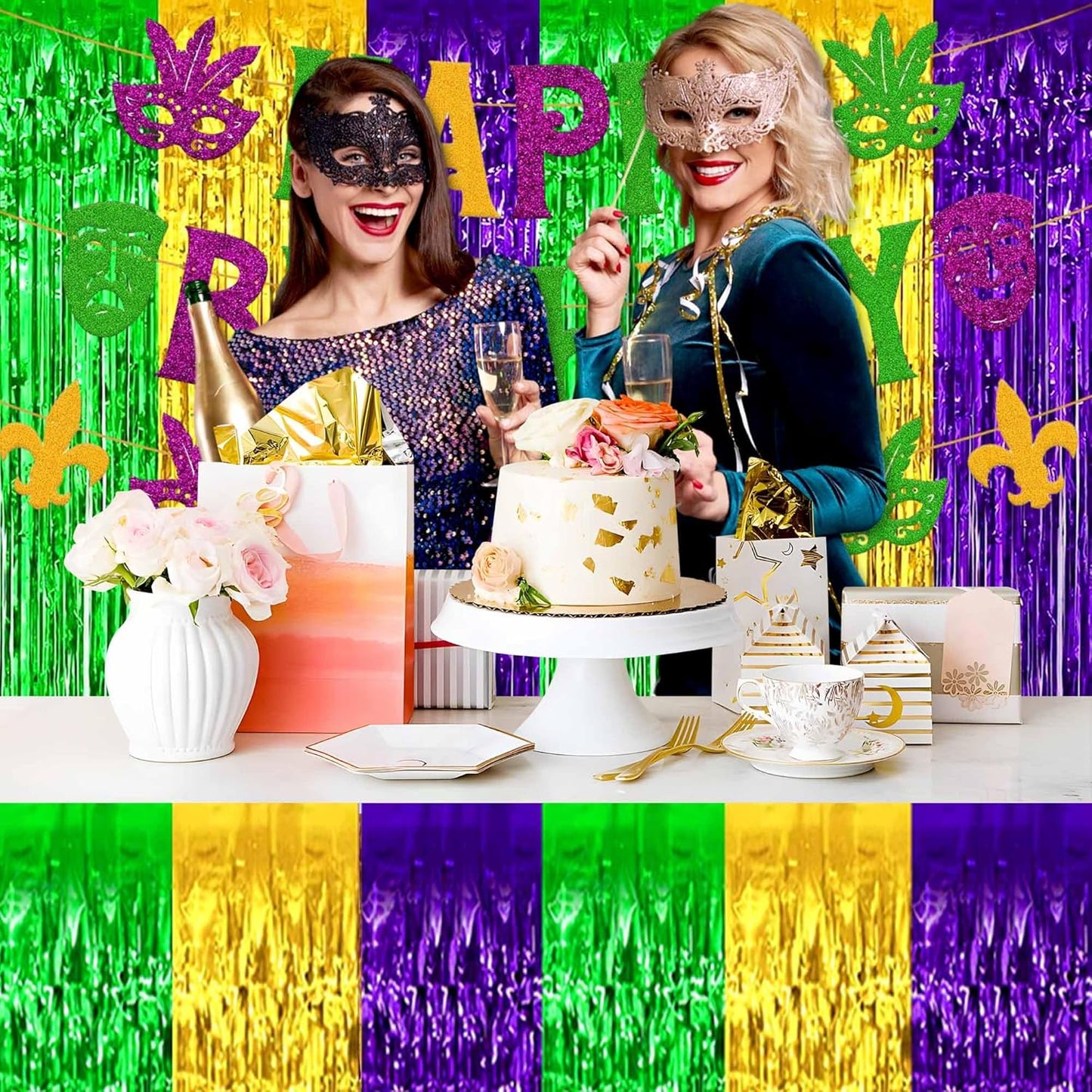 3 Pack 29 x108 Inch Gold Green Purple Foil Fringe Table Skirts Metallic Banner for Tinsel Streamer Garland Backdrop for Parade Floats Mother's Day, Graduate, Birthday, Wedding Party Decoration