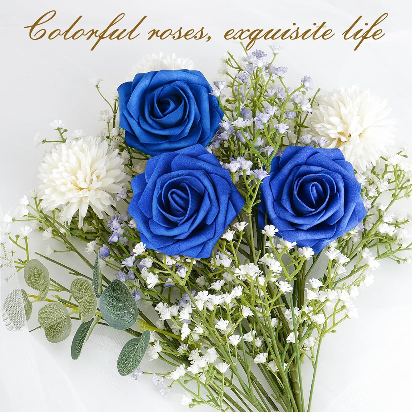 BLEUM CADE 36Pcs Artificial Flowers Fake Roses with Stems, Royal Blue Boxed Foam Roses for DIY Bouquets Centerpieces Wedding Party Arrangement Bridal Shower Decor