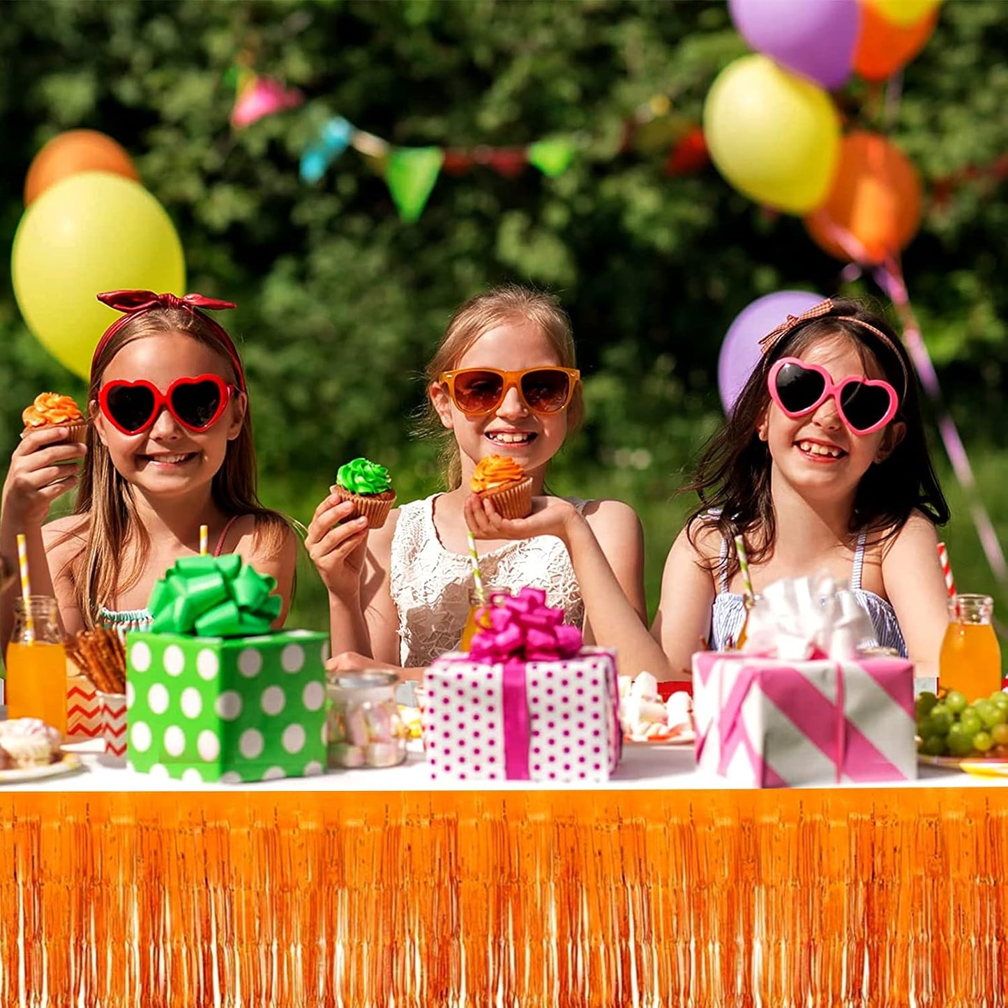 4 Pack 29x108 Inch Metallic Foil Fringe Tinsel Table Skirts for Rectangle Tables Streamer Curtains Backdrop for Wedding, Birthday, Parade Floats, Christmas, Halloween Party Decoration(Orange)