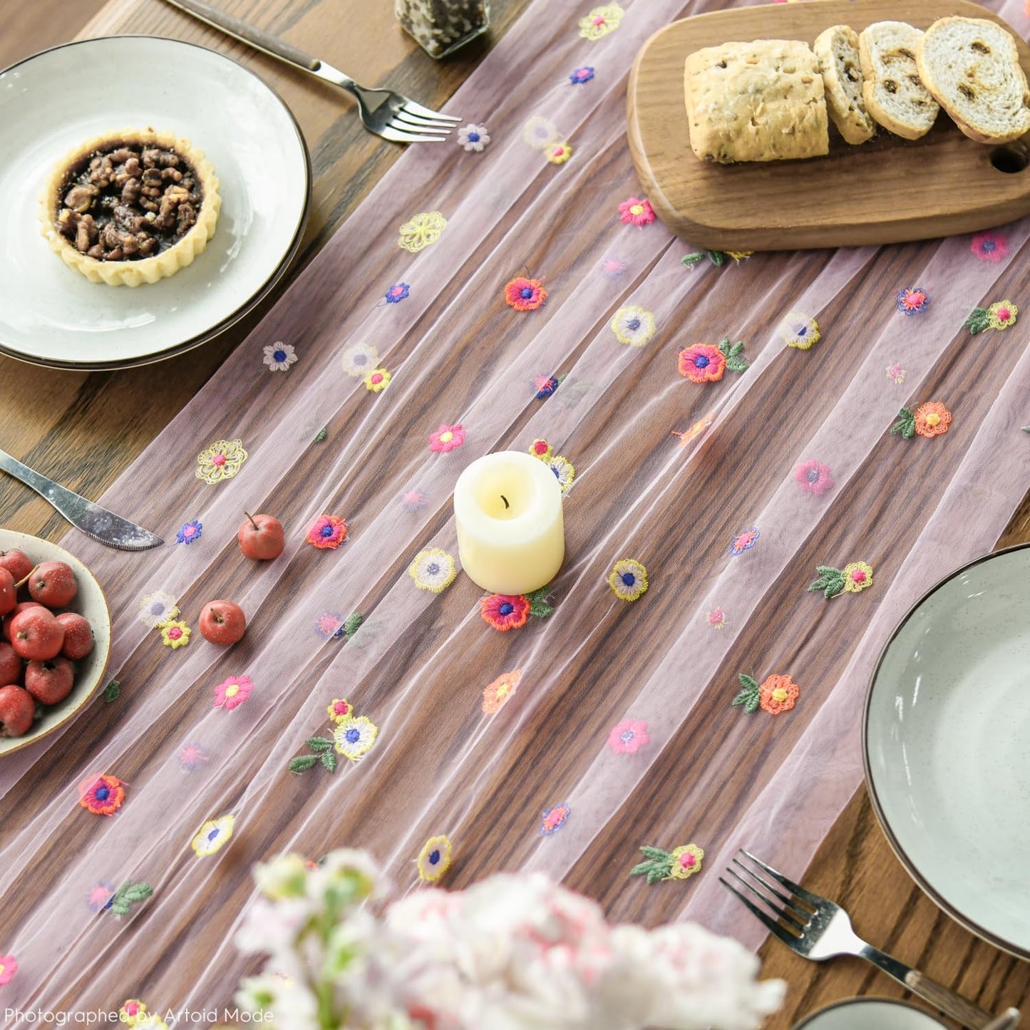 Artoid Mode Pink Embroidery Daisy Gauze Table Runner 120 Inch 10FT, Seasonal Sheer Kitchen Dining Holiday Wedding Birthday Table Decor for Home Party