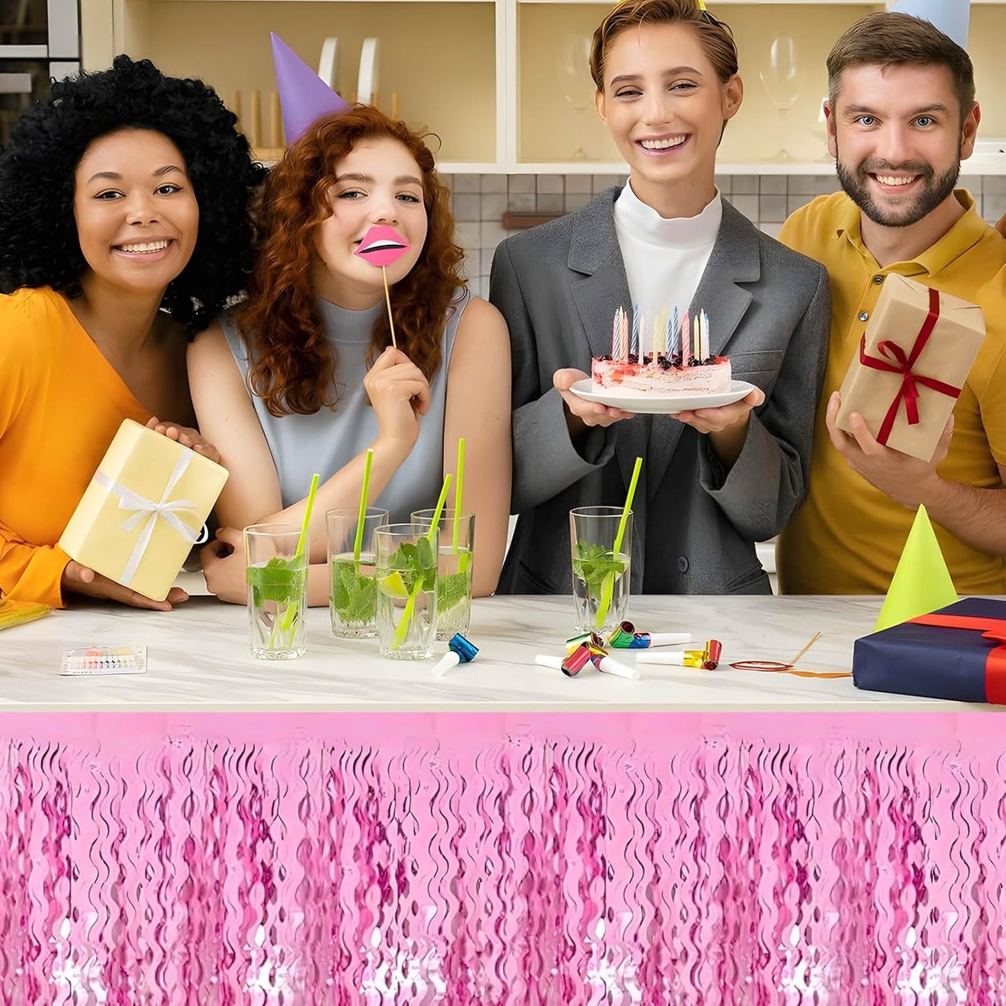 6 Pack 29x108 Inch Pink Wave Foil Fringe Table Skirts Metallic Banner for Tinsel Streamer Garland Backdrop for Parade Floats Wedding, Mother's Day, Birthday Mardi Gras Party Decorations