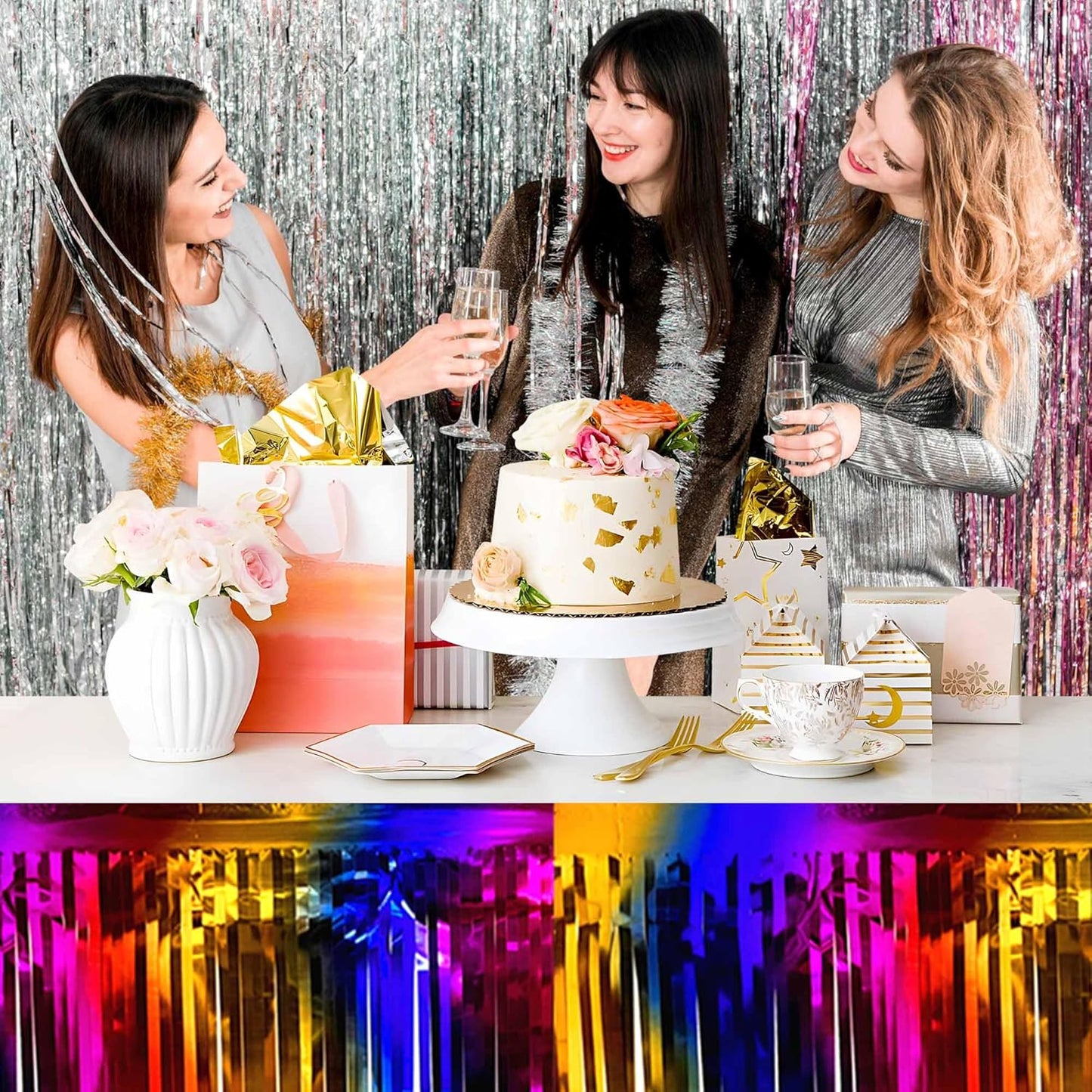 3 Pack 29 x108 Inch Rainbow Foil Fringe Table Skirts Metallic Banner for Tinsel Streamer Garland Backdrop for Parade Floats Mother's Day, Graduate, Birthday, Wedding Party Decoration