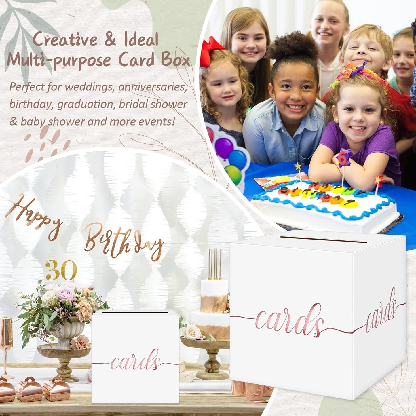 QIKSION White Wedding Card Box, Rose Gold Foil Gift Card Box for Party, Wedding Reception, Graduation, Birthday, Baby Shower, Raffle