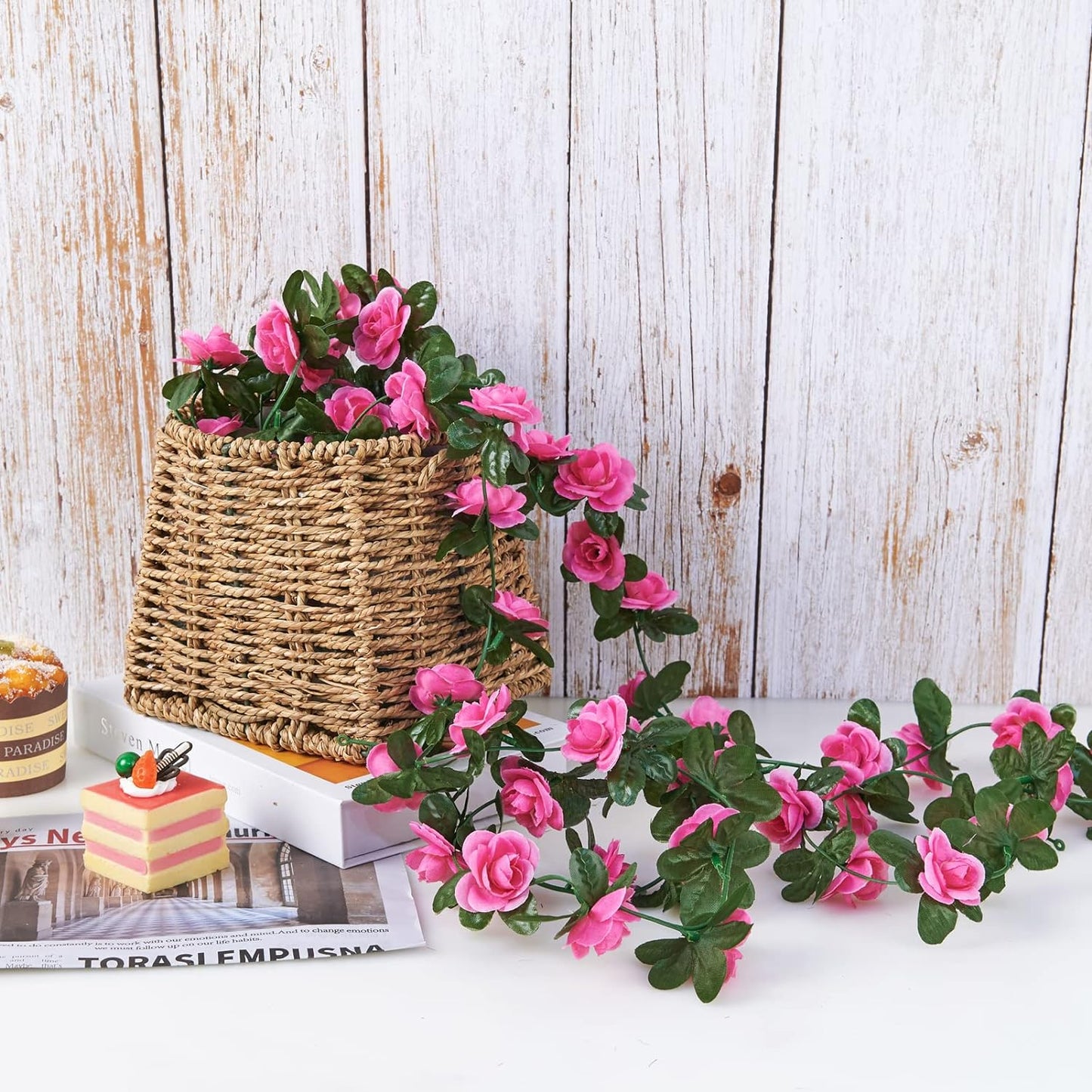 8 Pcs x 8.2 ft Flower Garland Artificial Rose Vine Flowers with Green Leaves Hanging Fake Roses Vine for Room Party Home Wedding Birthday Christmas Wall Arch Decor, Spring Magenta Flower