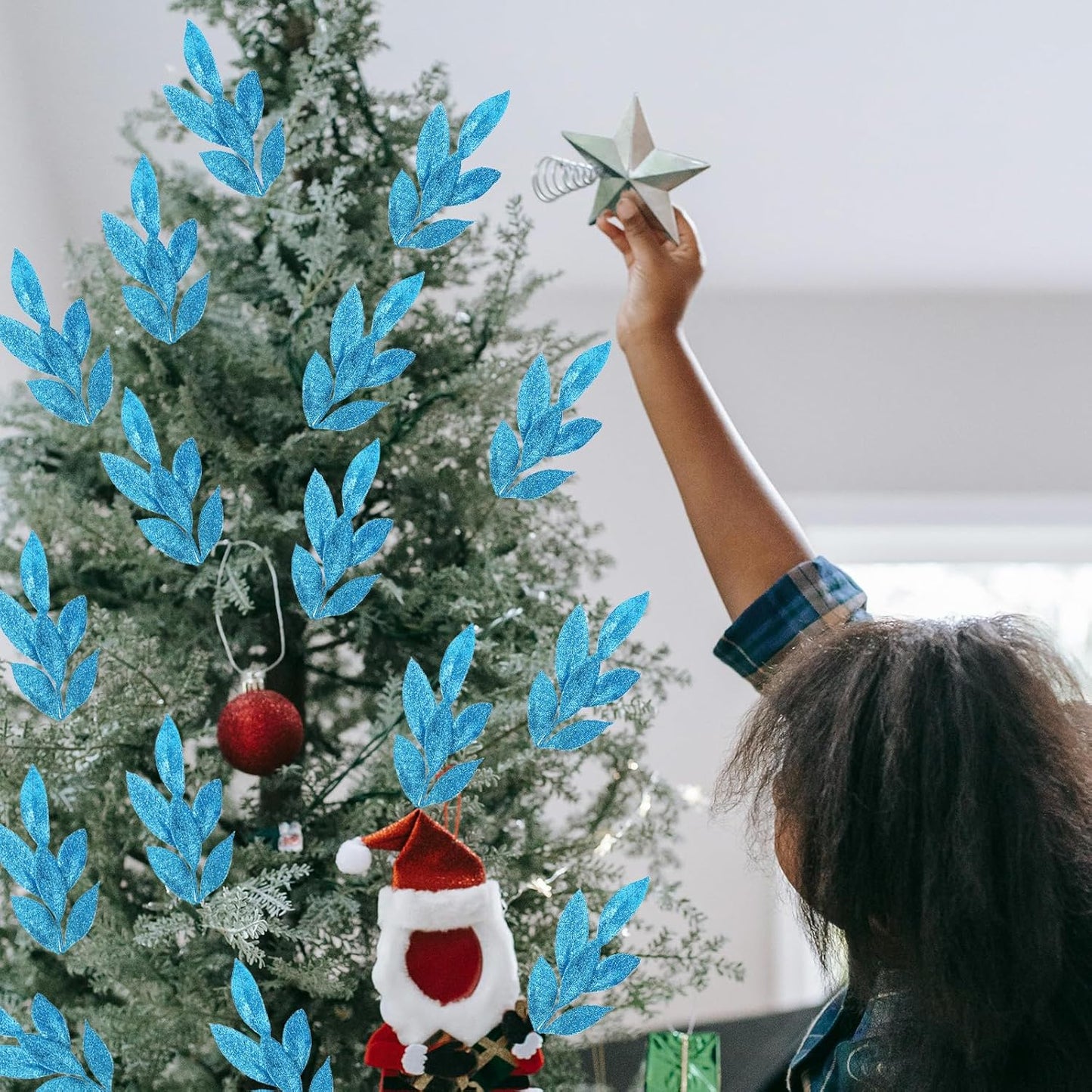 GREENTIME 12 Pack Artificial Blue Glitter Leaves 13" Fake Christmas Picks Decorative Glitter Sticks for Vase Christmas Tree DIY Wreath Crafts Fireplace Decor