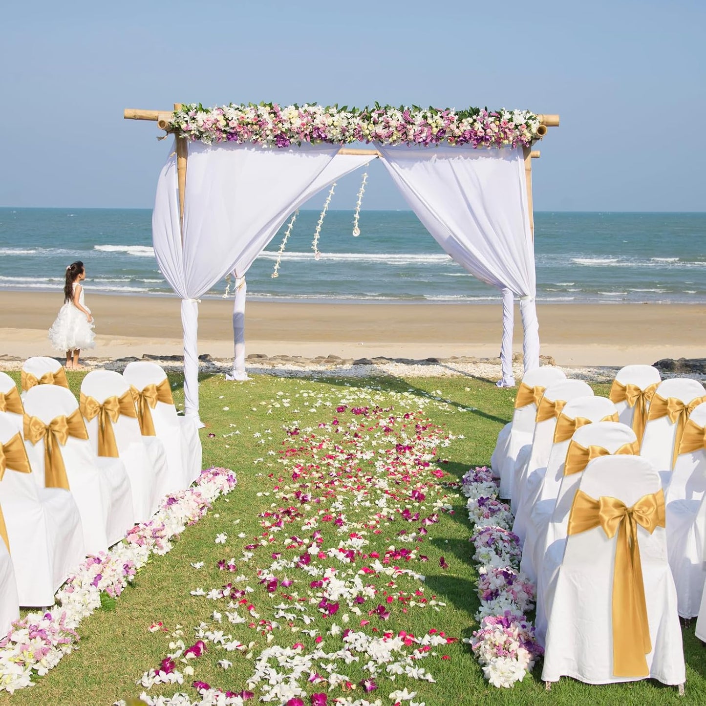 10 PCS Gold Satin Chair Sashes Bows Universal Chair Ribbon Ties Back Sash for Wedding Party Reception Events Banquets Hotel Event Chair Cover Decoration (7x108 inch)