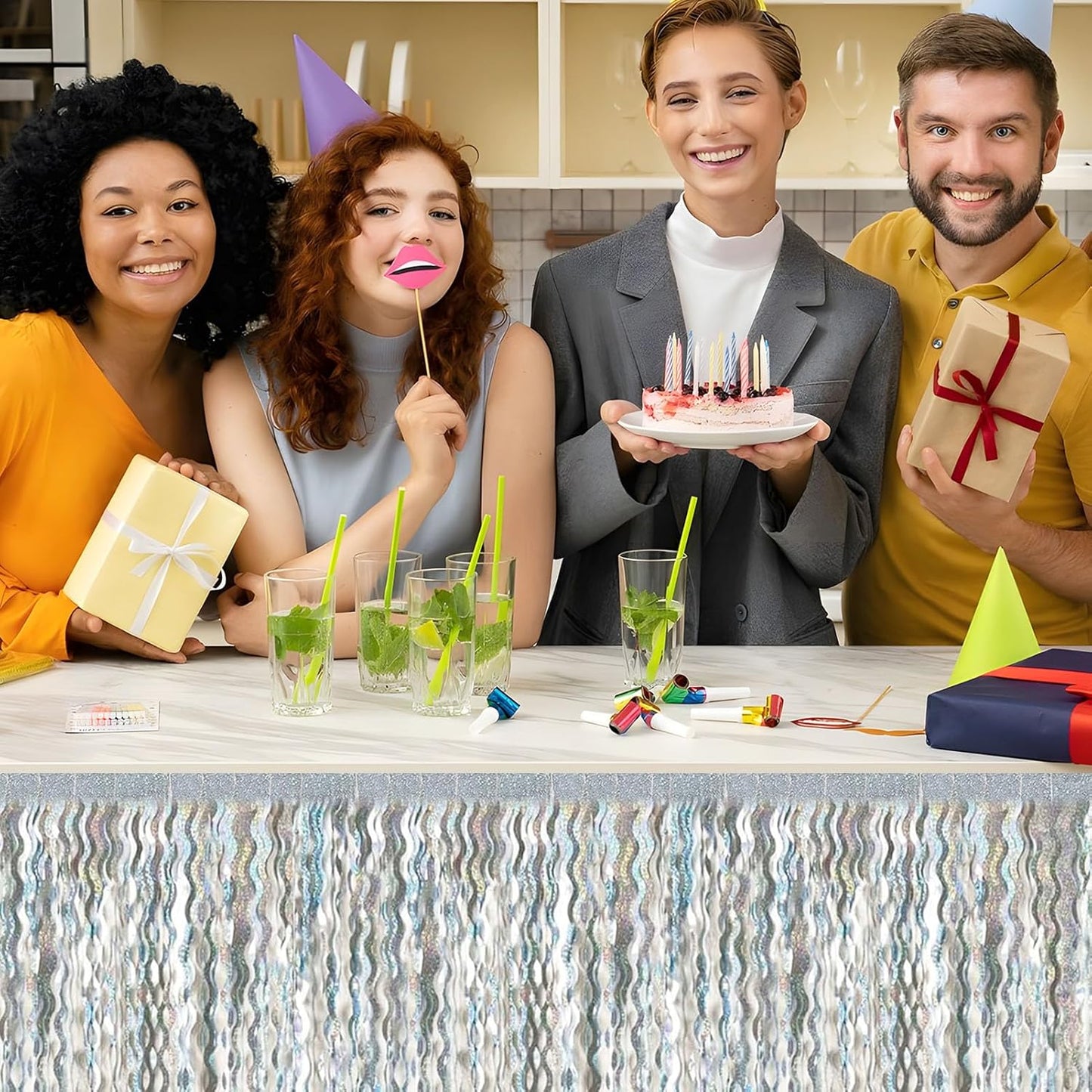 6 Pack 29x108 Inch Silver Wave Foil Fringe Table Skirts Metallic Banner for Tinsel Streamer Garland Backdrop for Parade Floats Mother's, Graduate, Mardi Gras, Birthday, Wedding Party Decorations