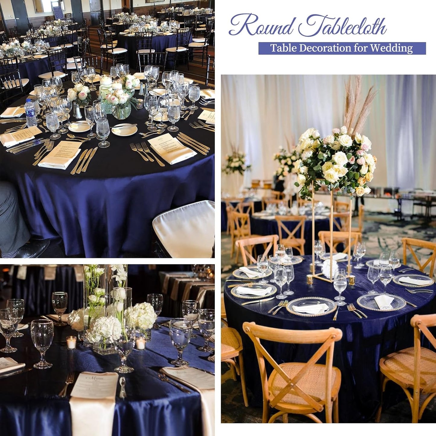 12 Pack 108 Inch Navy Blue Satin Tablecloth - Silky Round Tablecloth Overlay Smooth Fabric Table Cover, Bright Table Decoration for Wedding Party Banquet Events Restaurant Kitchen Dining