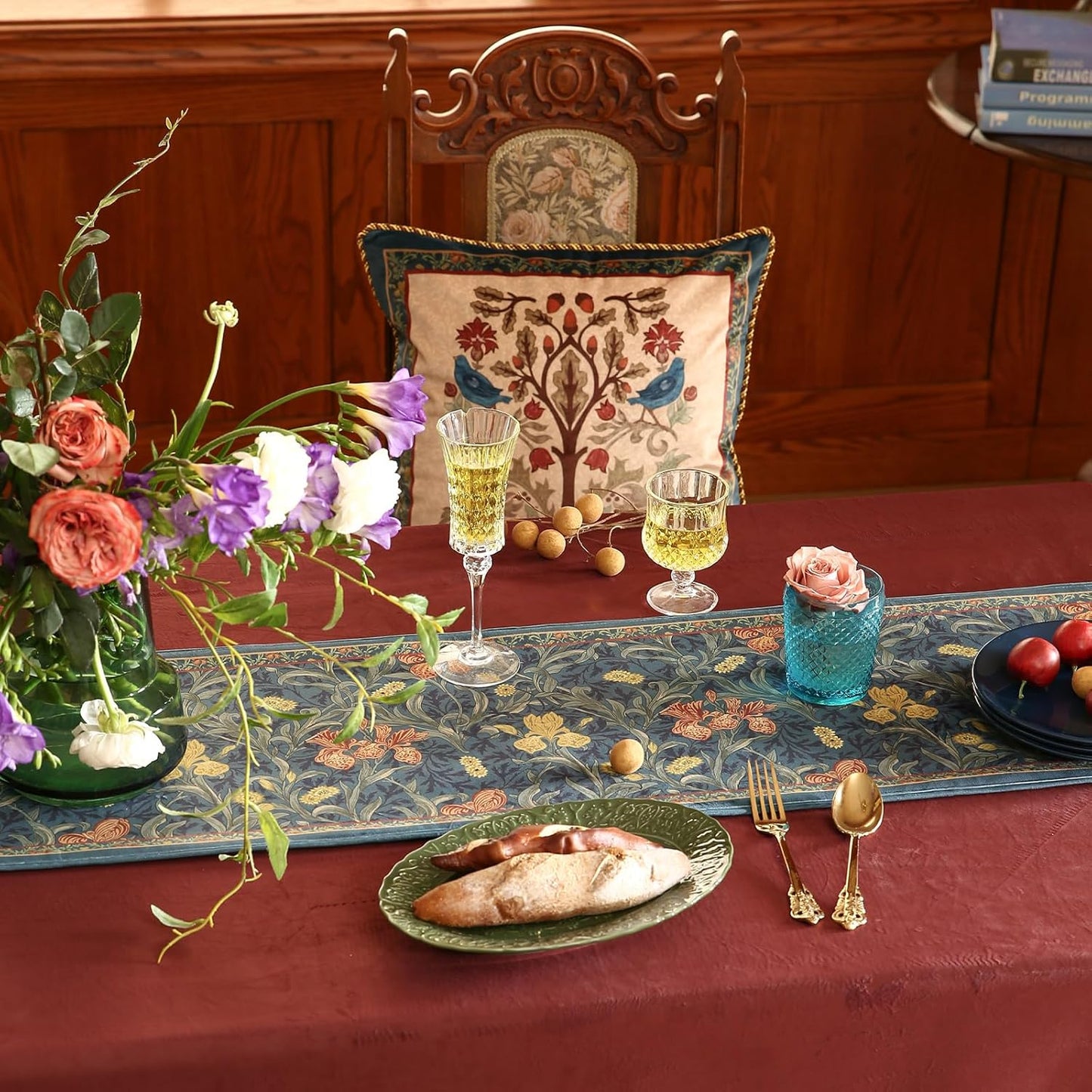 patdrea Designer Casual Wild Floral Velvet Table Runner 71 Inch Long, Dark Blue Occult Bouquets Pattern Table Mat, Decoration for Kitchen Dining Coffee Table Cabinet Banquet Thanksgiving,12"*71"