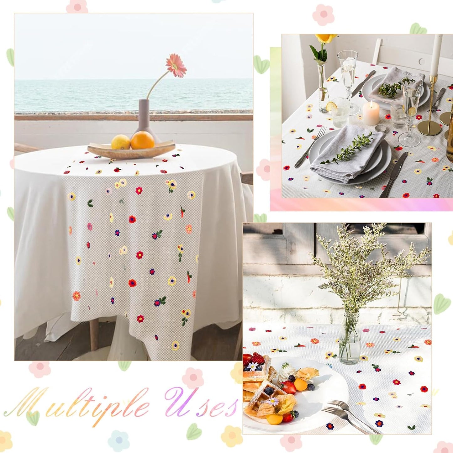 BINBE 12pcs Daisy Fall Table Runner Embroidery Gauze 10FT Florals Seasonal Tulle Holiday Birthday Kitchen Dining Table Decor for Home Party Ivory