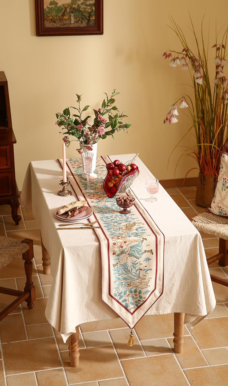 patdrea Designer Idyll Linen Extra Long Table Runner,Vintage Beige Farmhouse with Ancient Spring Figure and Animal Pattern Table Mat,Decoration for Kitchen Dining Banquet Christmas ,16"*118"