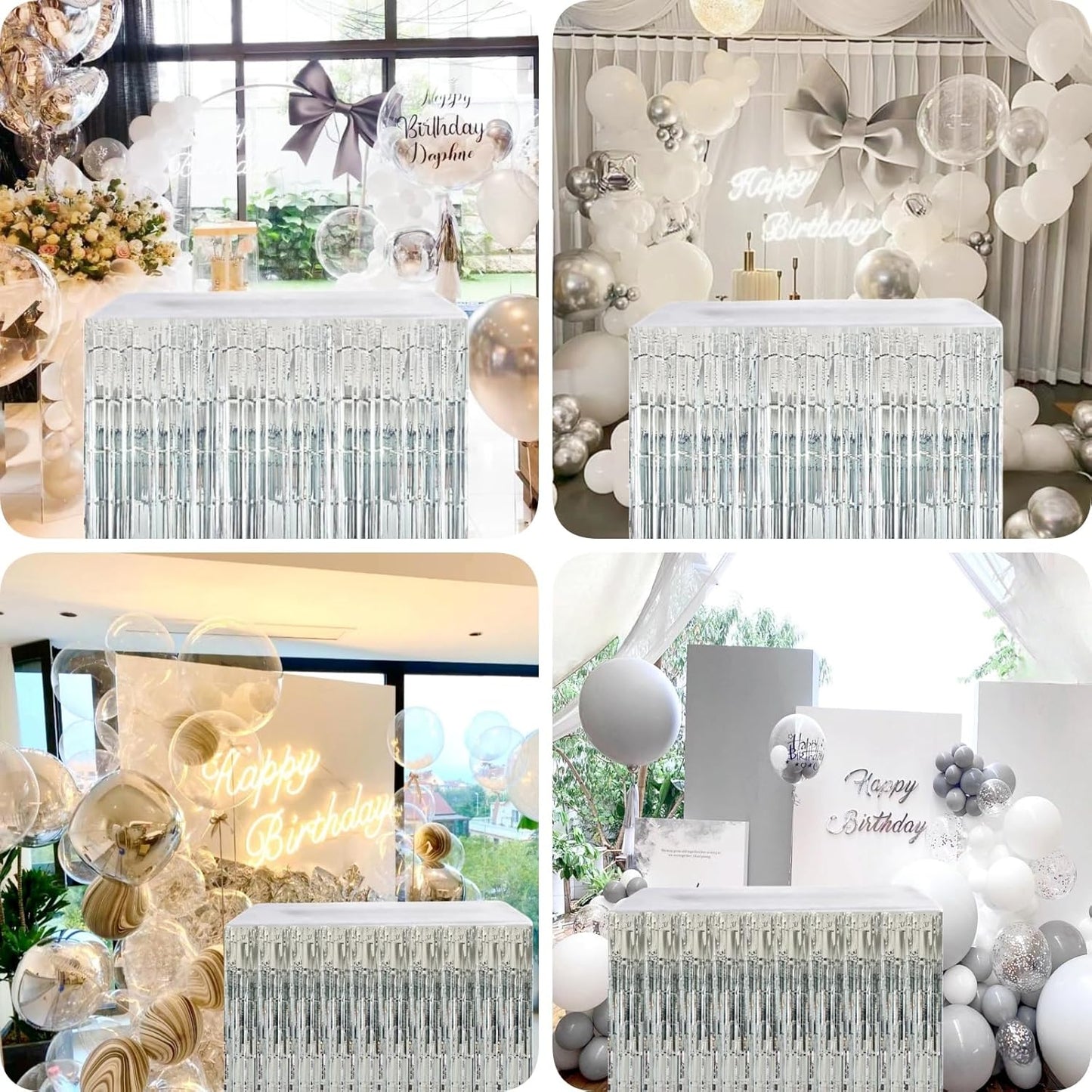 Silver Streamers Party Decorations, 2 Packs Silver Table Skirts Metallic Foil Fringe Tinsel for Birthday Disco Bachelorette Baby Shower Wedding Graduation Float Parade Party Supplies - 29x108 Inch
