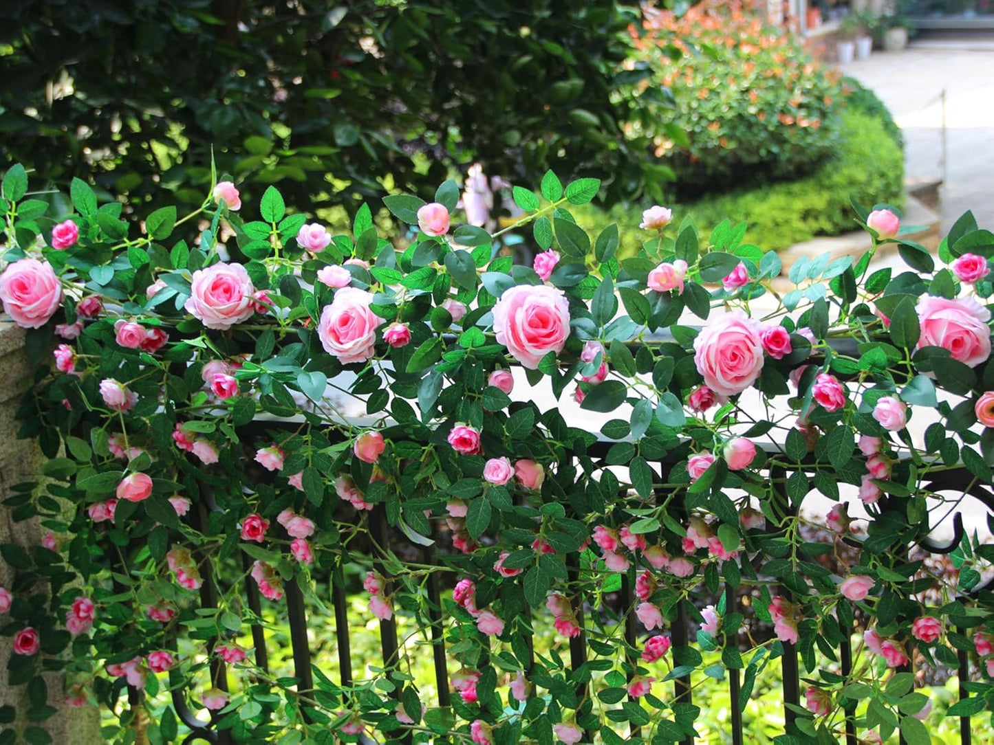 6FT Pink Flower Garland Artificial Rose Vines Hanging Floral Garland for Home Decor Wall Trellis Fence Wall Decoration (Pink 2pcs)