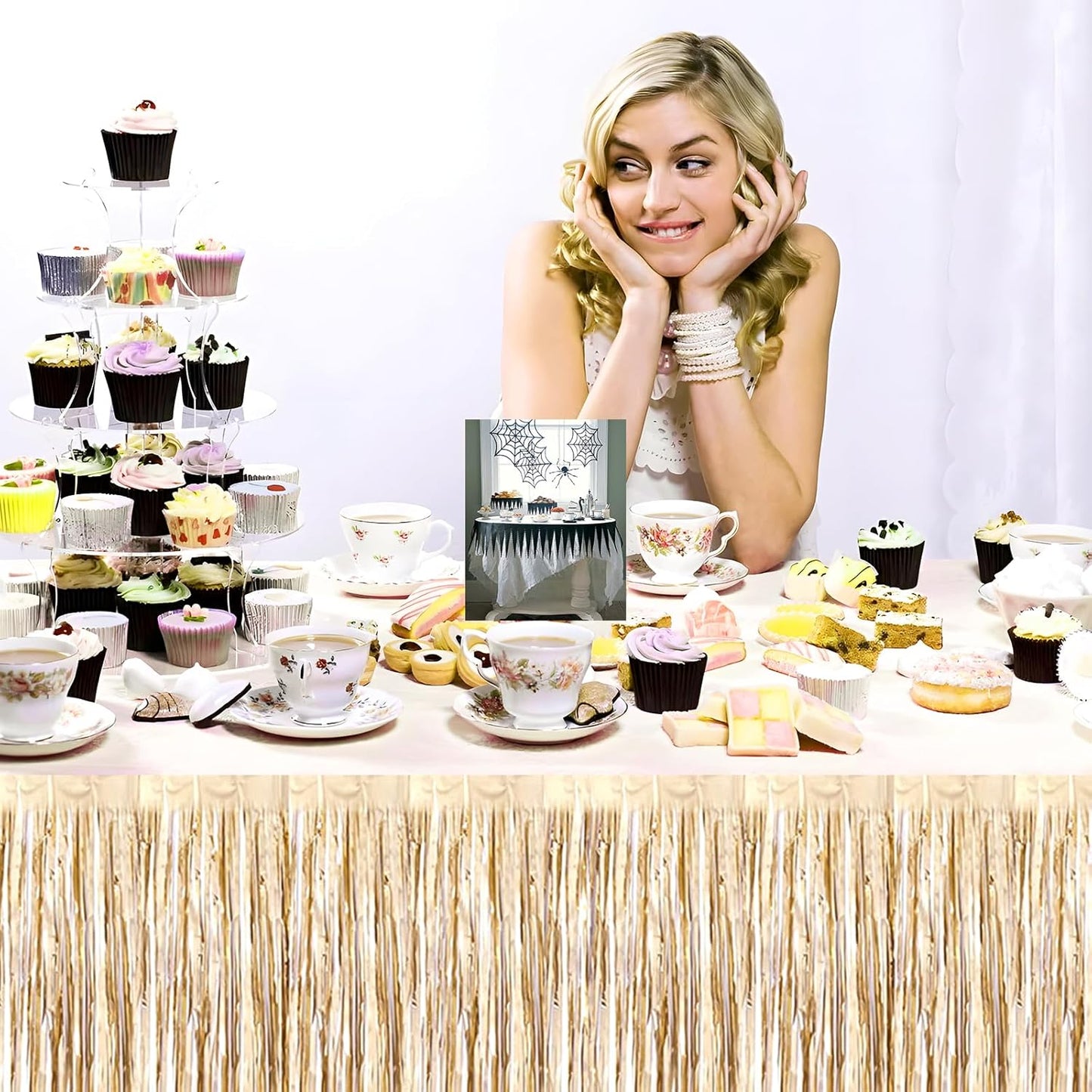 3 Pack 29x108 Inch Champagne Gold Foil Fringe Table Skirts Metallic Banner for Tinsel Streamer Garland Backdrop for Parade Floats Wedding Thanksgiving Birthday Christmas Halloween Party Decoration