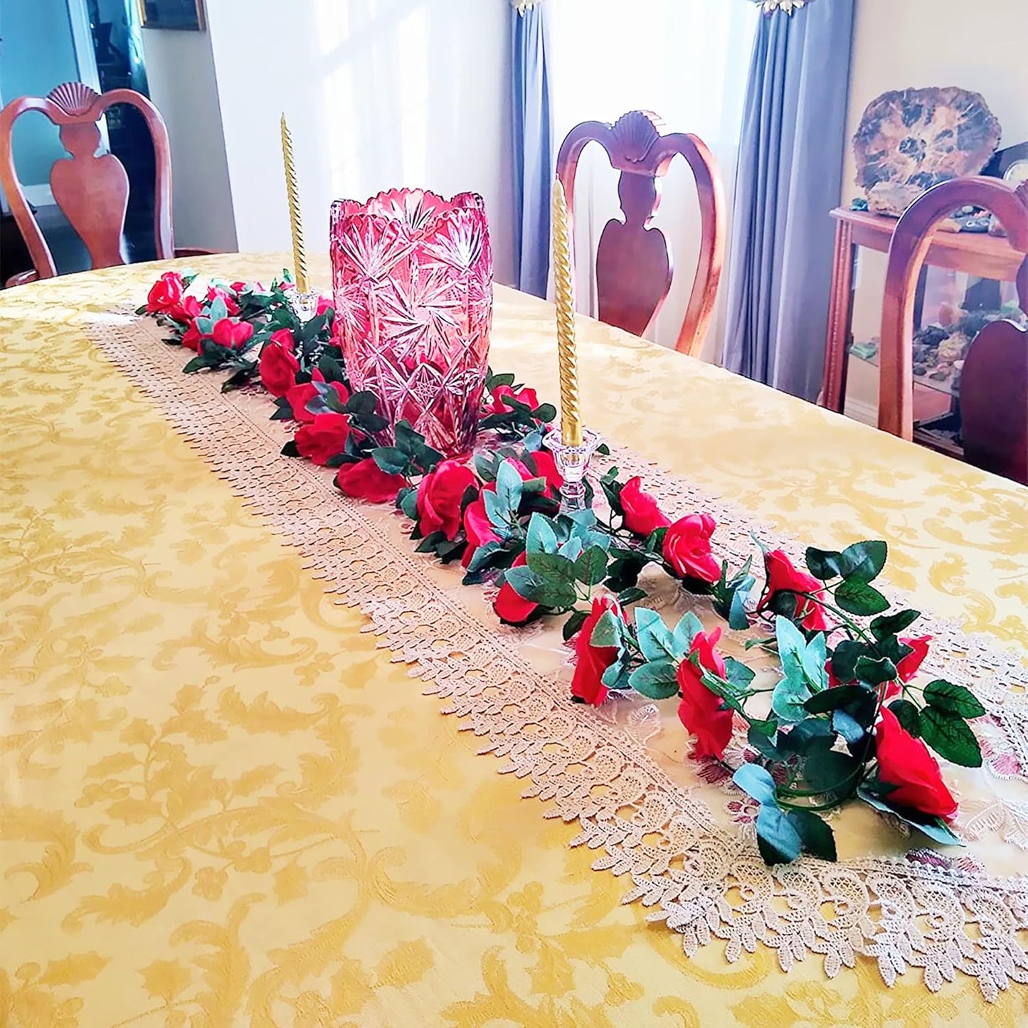 UKELER 2 Pack 14FT Artificial Rose Vines Red Flower Garland Artificial Rose Flowers with Green Leaves Floral Plant for Wedding Arch Party Garden Craft Home Decor