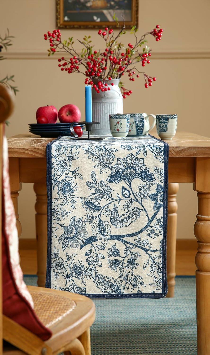 ISAENNE Designer Chinoiserie Elegant Linen Table Runner 102 Inches Long,Blue Floral Pattern Decor Table Runners for Thanksgiving,Dining Room,Banquet,Kitchen Tables,Christmas,12"*102"-Ruyi B