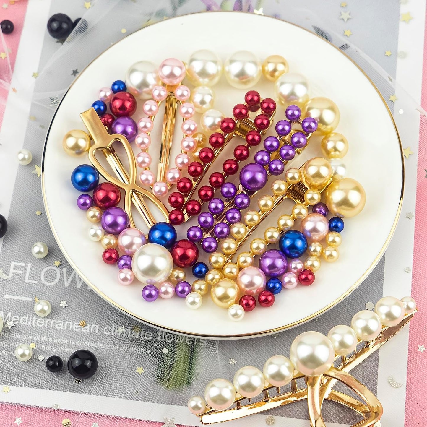 150Pcs Cream&Pink Polished No Hole Faux Pearl Beads for Vase Filling Decorations, Plastic Pearls Vase Fillers, Table Scatters, Wedding Centerpiece, Home Decor, 8/14/20 mm