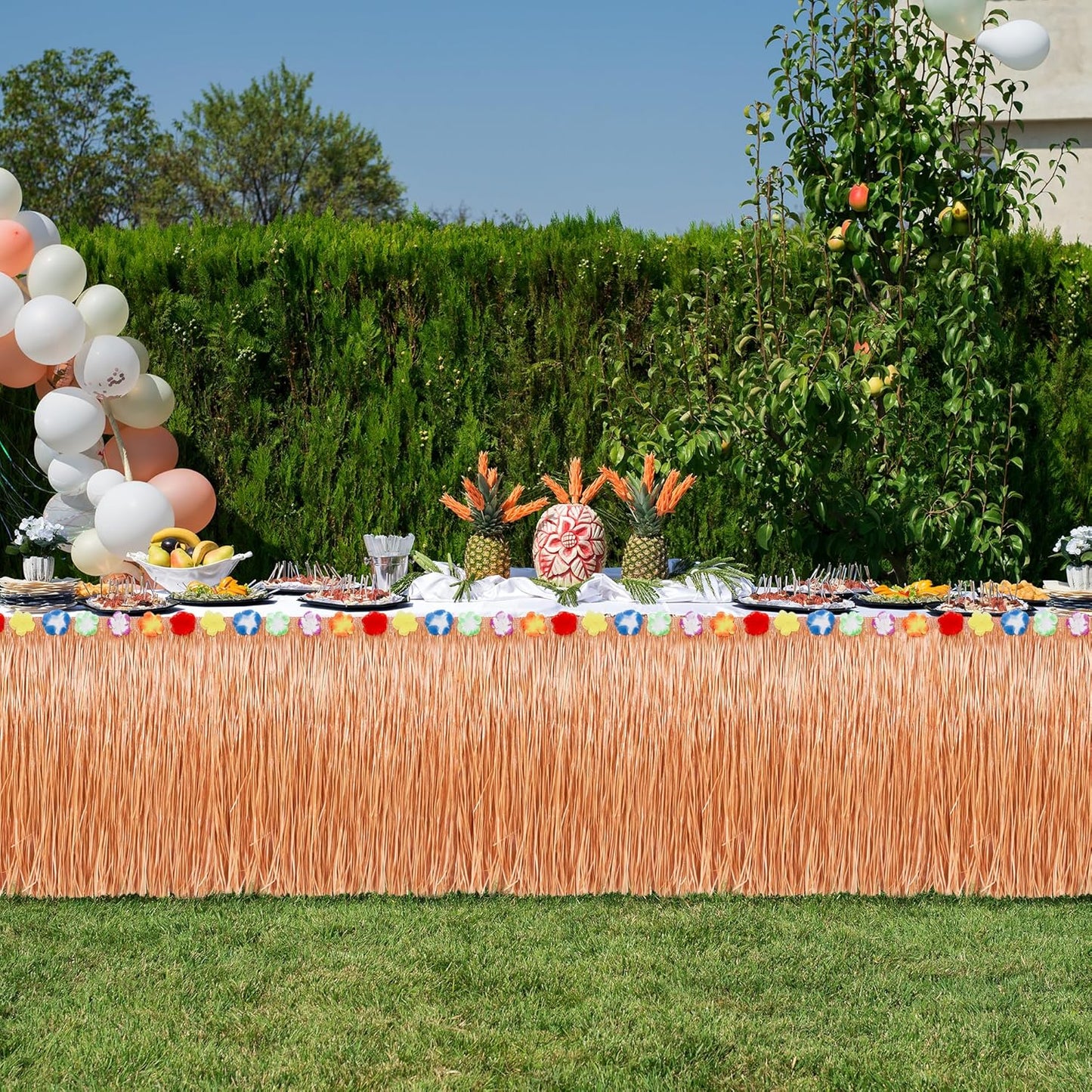 12PCS Hawaiian Table Skirt, Luau Themed Grass Table Skirt Party Supplies, Indoor Outdoor 108 X 29.5" Flower Tropical Hula Dance Parties Supplies Bulk, Table Skirt for Summer Beach Themed Party