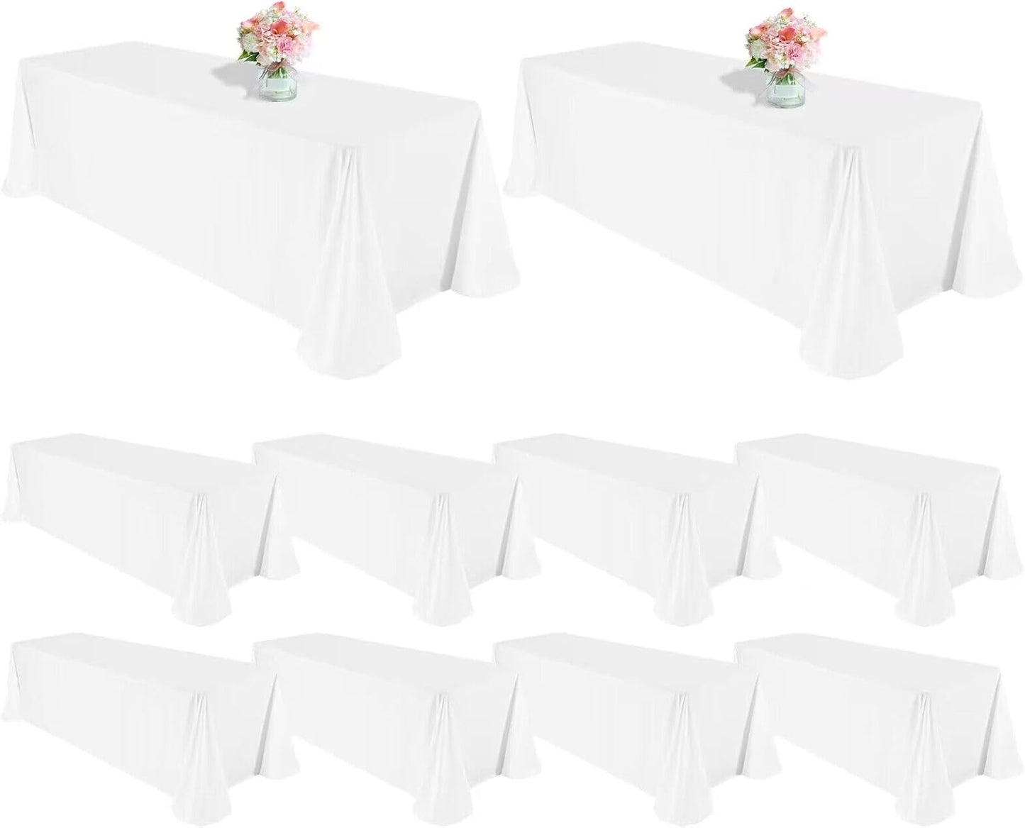 10 Pack Polyester Tablecloths, White 90 x 156 Inch Polyester Table Cloth for 8 Foot Rectangle Tables, Stain and Wrinkle Resistant Washable Fabric Table Cover for Wedding Banquet Restaurant Party