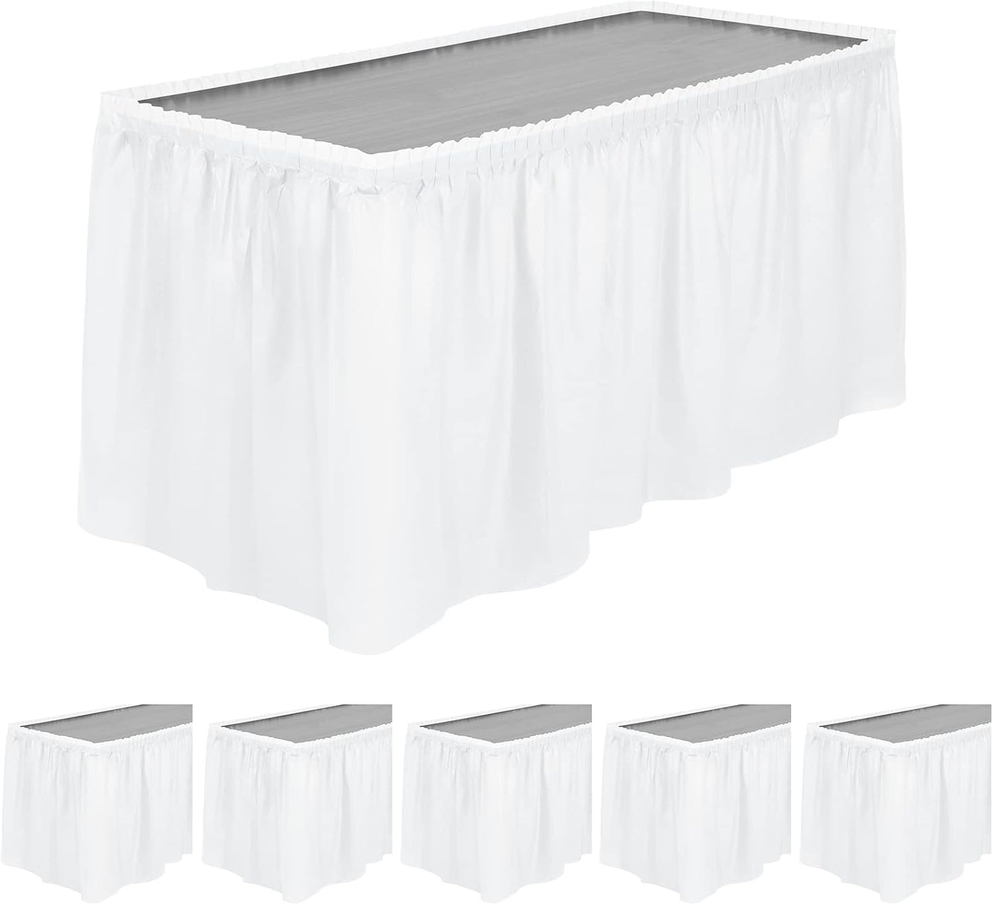 TURSTIN 6 Pieces White Plastic Table Skirts 14 Feet x 29 Inch for Rectangle Tables Fitted Tablecloth Disposable Table Cover for Birthday Party, Events, Banquette Baby Shower