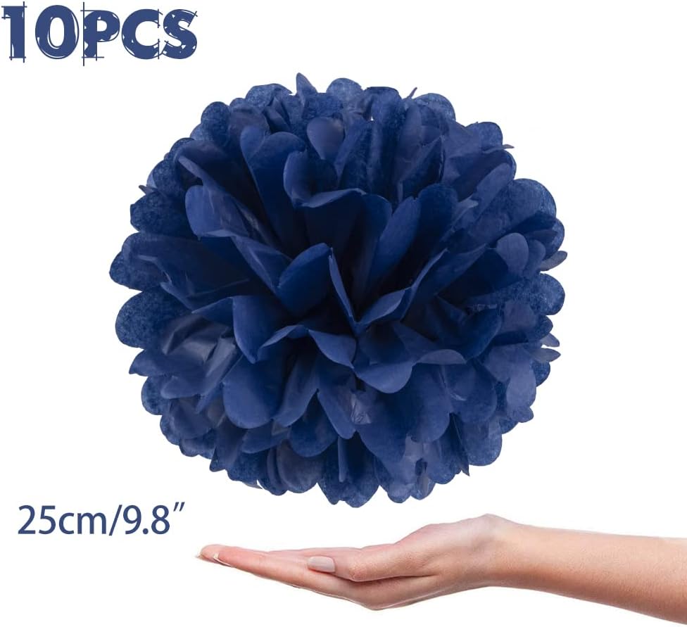 10 Pcs Paper Pom Poms Flowers for Wedding, Birthday Party, Baby Shower, Nursery Decor, Bachelorette Party Hanging Decor, Easy Joy (10 inch, Navy Blue)