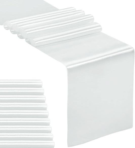 10-Pack Satin Table Runner Silver 12 x 108 inches Long, Table Runners for Wedding, Birthday Parties, Banquets Decorations（10 Pack, 12x108 Inch, Silver）