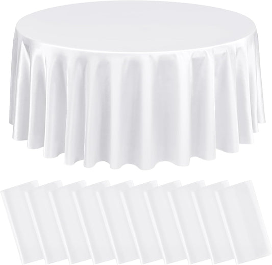 10 Packs Satin Tablecloth 120 Inch White Round Table Cloth Silk Tablecloth Smooth Fabric Overlay Satin Table Cover Decoration for Wedding Party Banquet Events